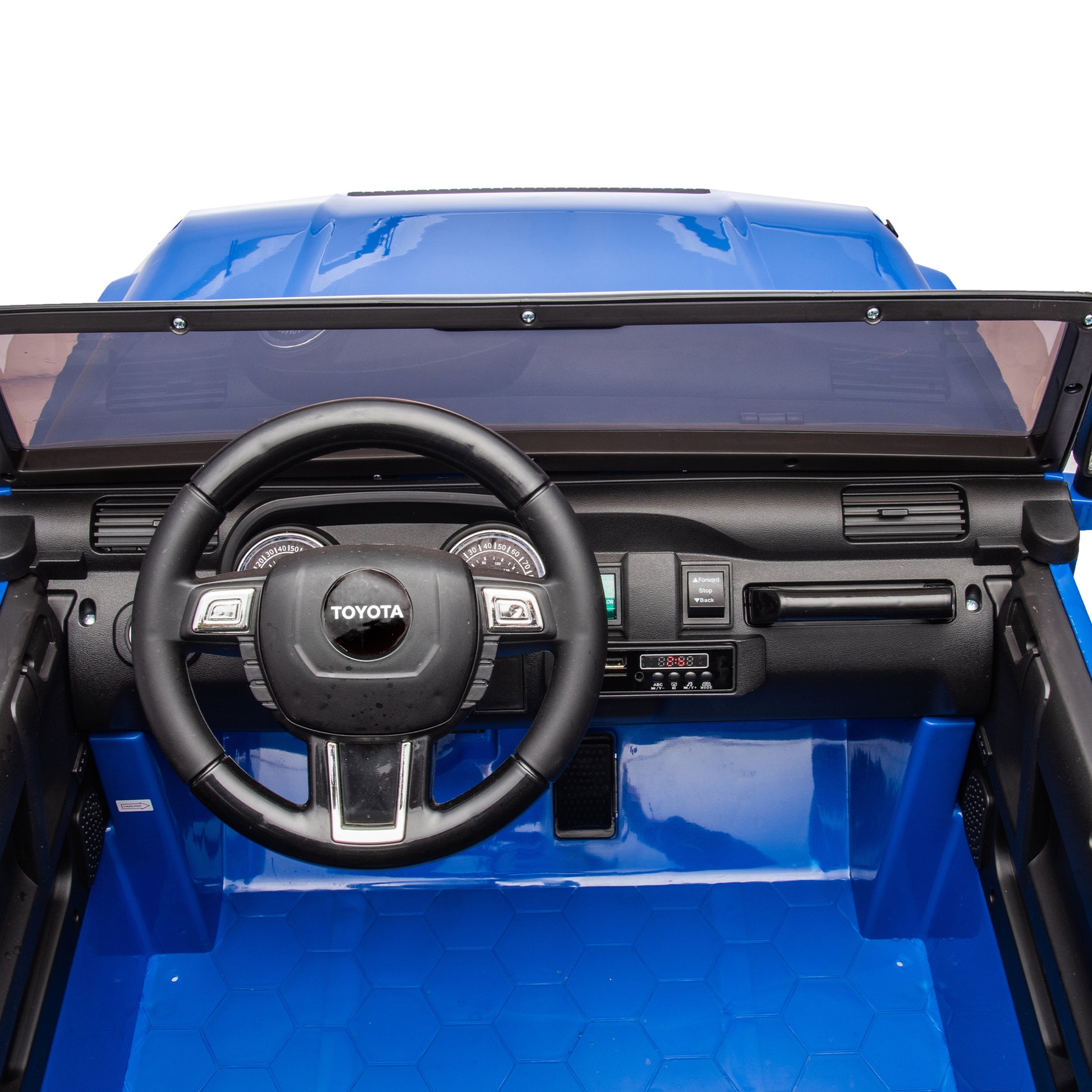 24V Two Seater Kids Ride On Car W Parents Remote Control, Licensed Toyota Lc250,2Wd,110W Motors,With Shovel,Three Point Seat Belt,Slow Start,Speed Adjustment,Bluetooth,Music For Kids Aged 3 . Blue 100 149 Lbs Polypropylene