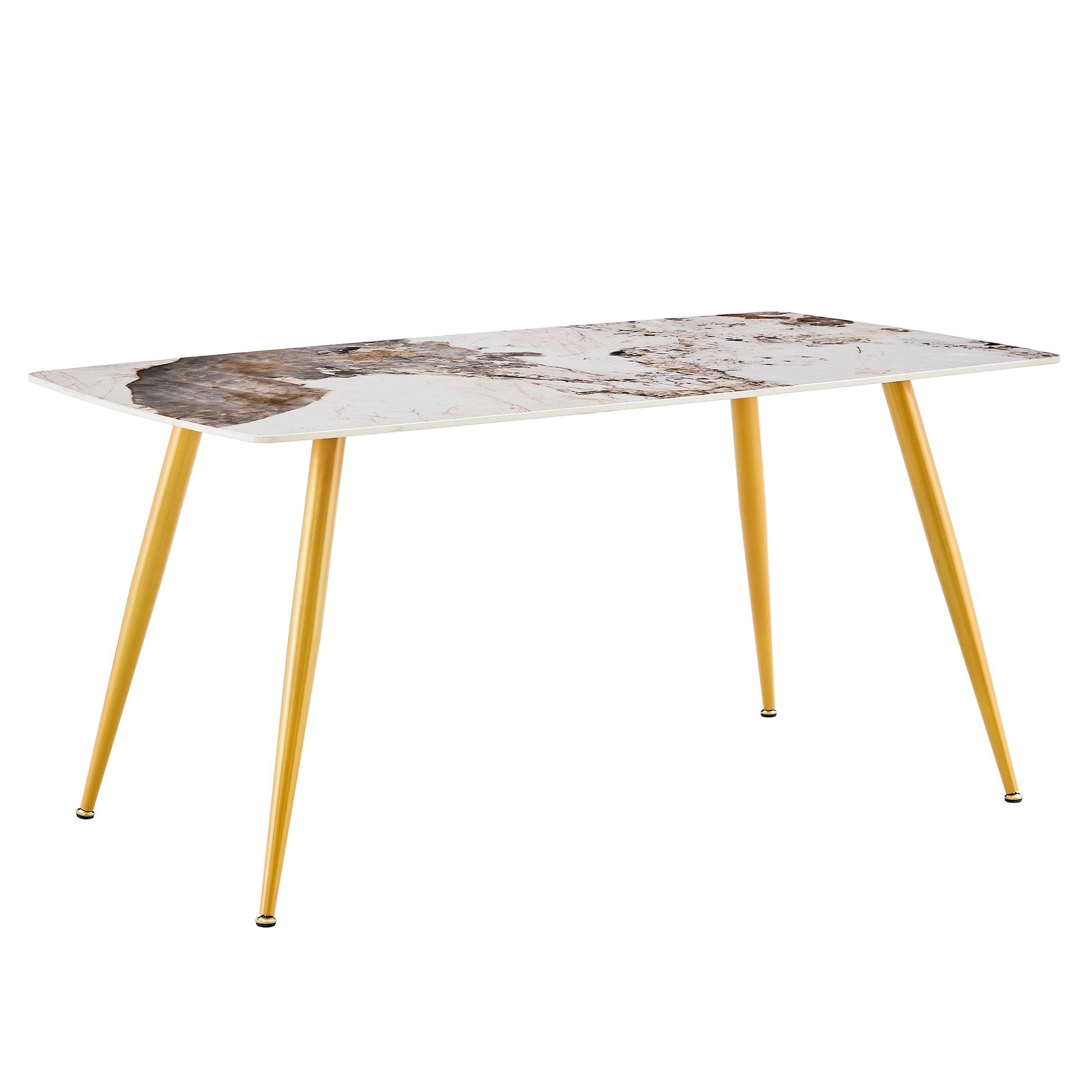 Modern Minimalist Dining Table. White Imitation Marble Pattern Sintered Stone Desktop With Golden Metal Legs.62.2"*34.6"*30" F 001 Gold Sintered Stone