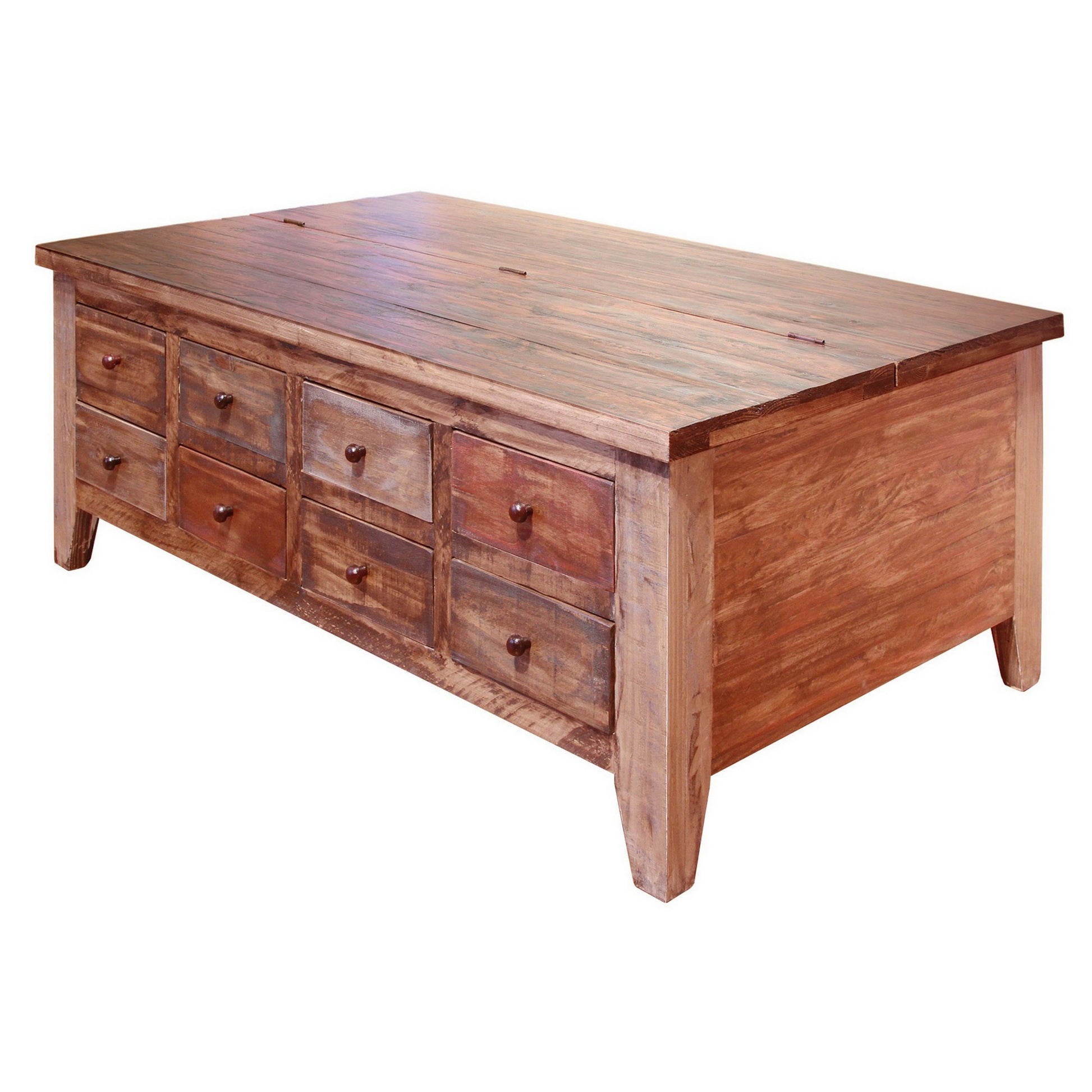 Fena 50 Inch 8 Drawer Coffee Table, Lift Top, Multicolor Distress Pine Wood Brown Solid Wood