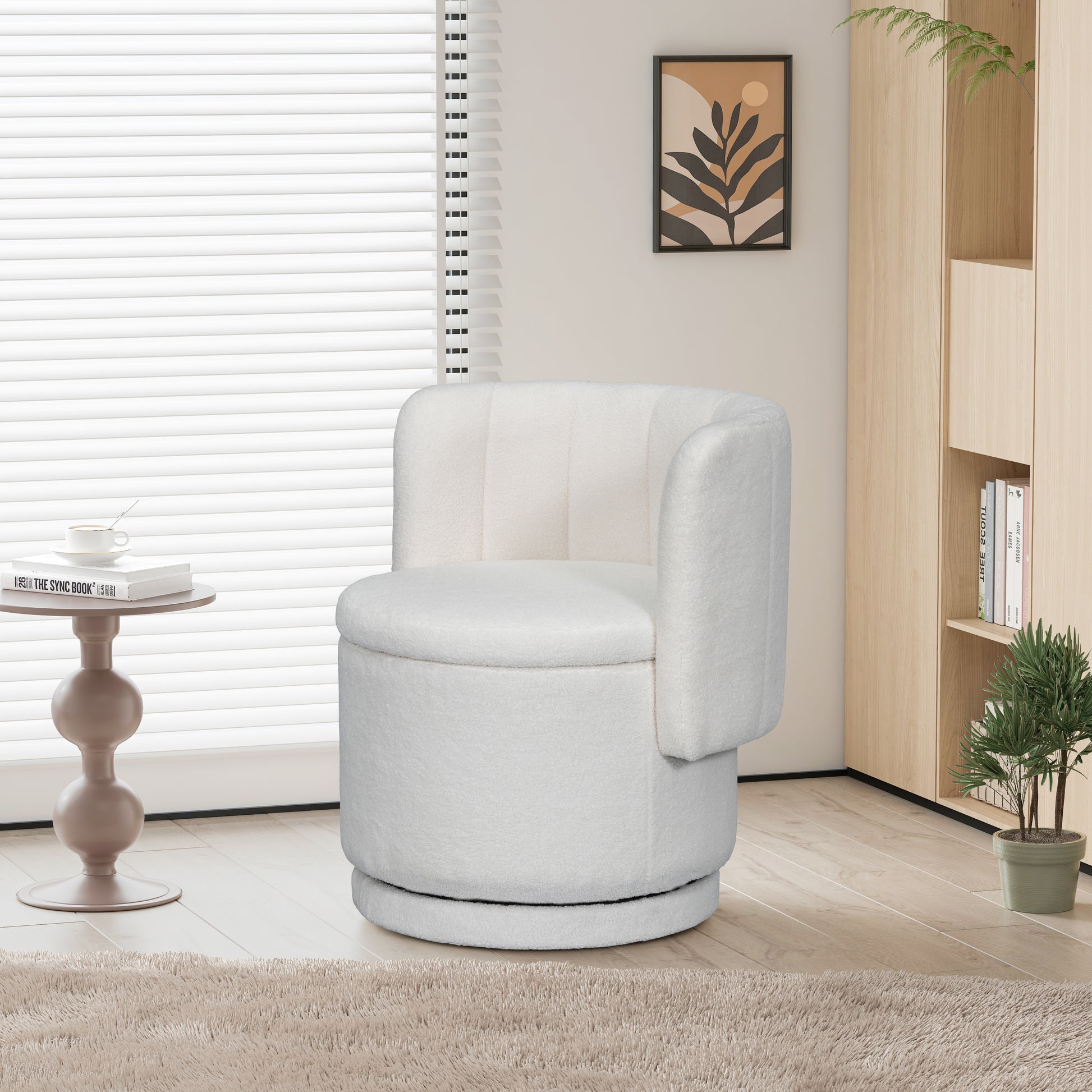 360 Degree Swivel Back Sofa Chair With Storage Space, Suitable For Bedroom And Living Room Beige Beige Boucle