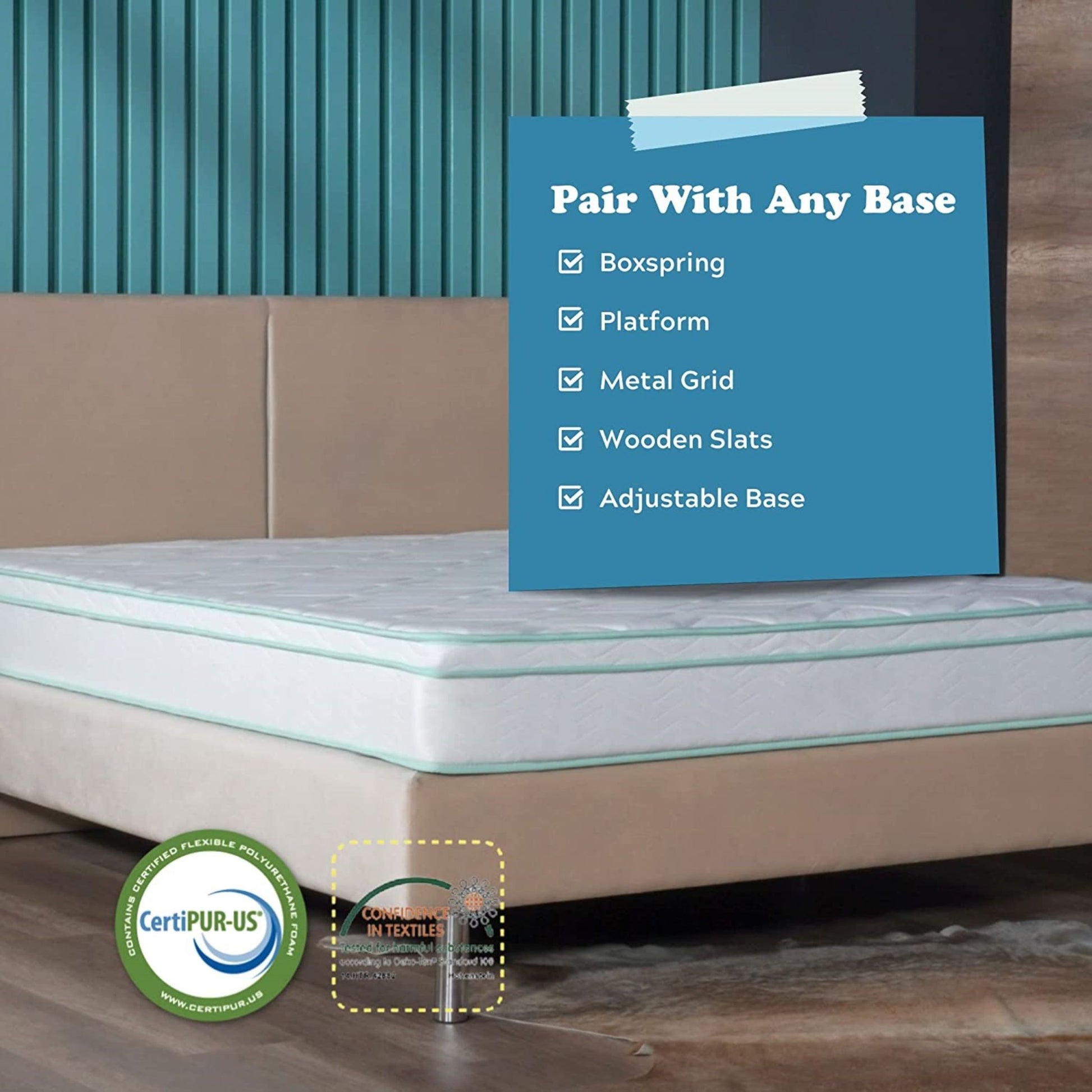 Twin Size 8" Medium Cool Gel Memory Foam Innerspring Hybrid Mattress White Green Foam Spring Twin