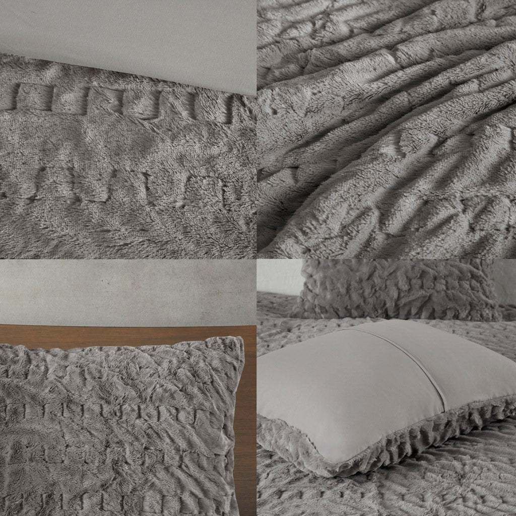 Ruched Fur Down Alternative Comforter Set Queen Grey Polyester