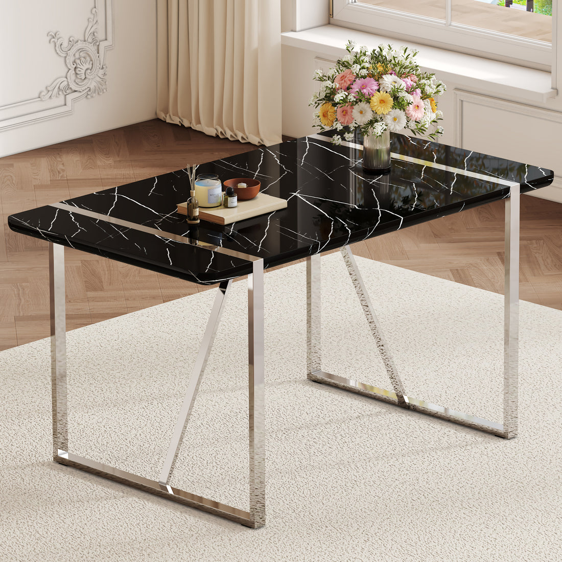 A Rustic Industrial Rectangular Mdf Black Dining Table For 4 6 People, With A 1.5 "Thick Mdf Desktop And Electroplated Metal Legs, Used For Writing Tables, Kitchens, Terraces, Dining