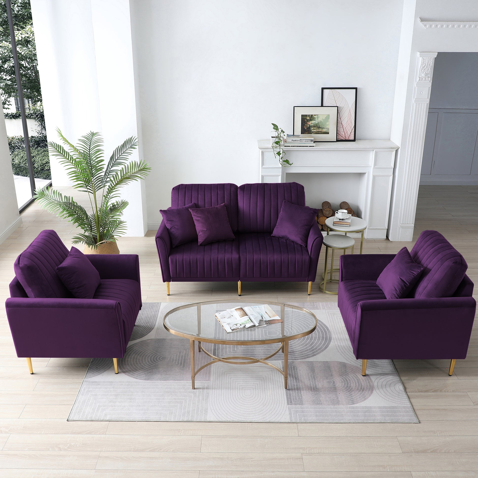 Mid Century Modern Sectional Sofa Set, Couch Sets For Living Room 3 Pieces, 2 Piece Fabric Arm Chair And 1 Piece Loveseat Set For Living Room, Purple Velvet Purple Foam Velvet 4 Seat