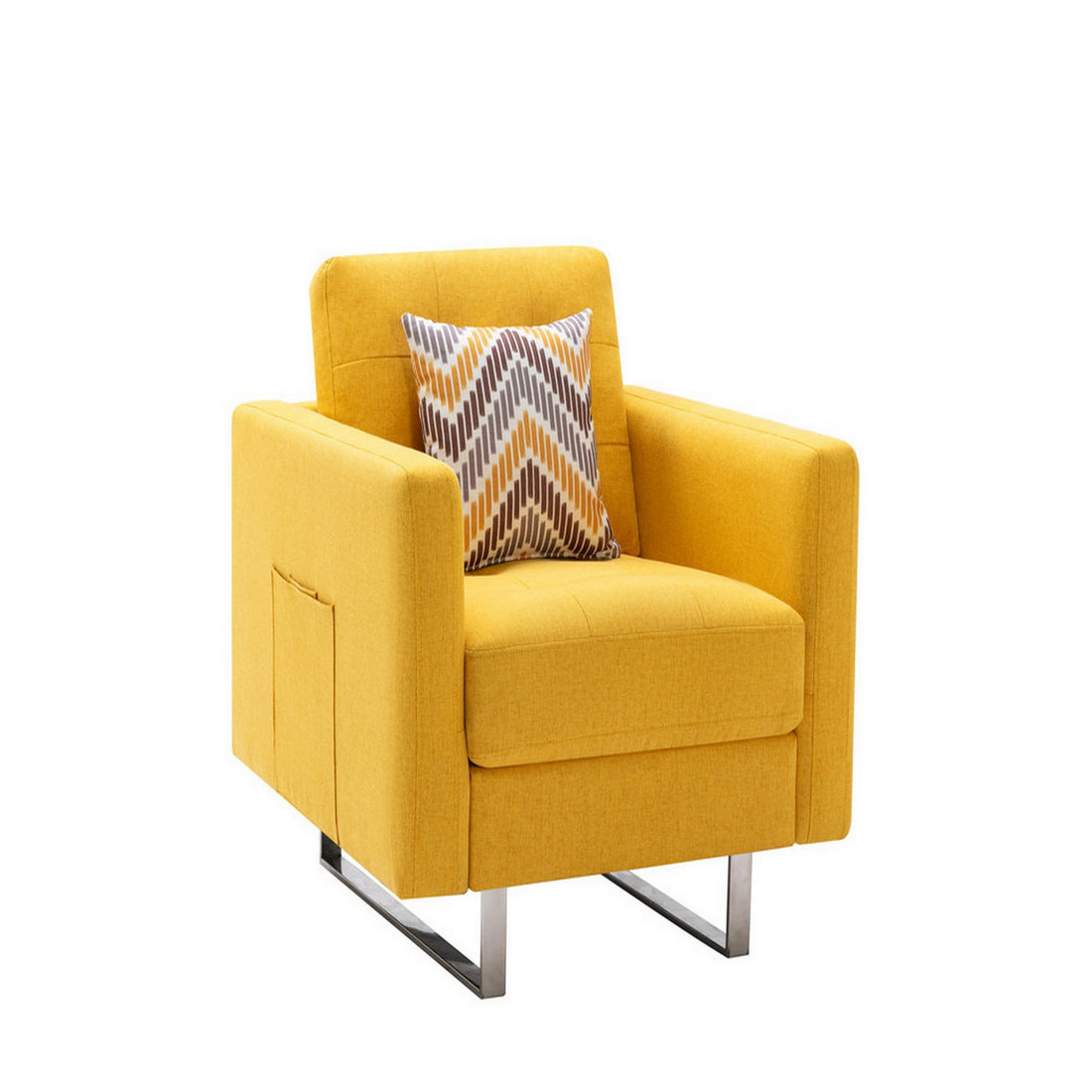 Lewa 34 Inch Modern Accent Armchair, Silver Metal Legs, Tufted Seat, Yellow Yellow Solid Wood