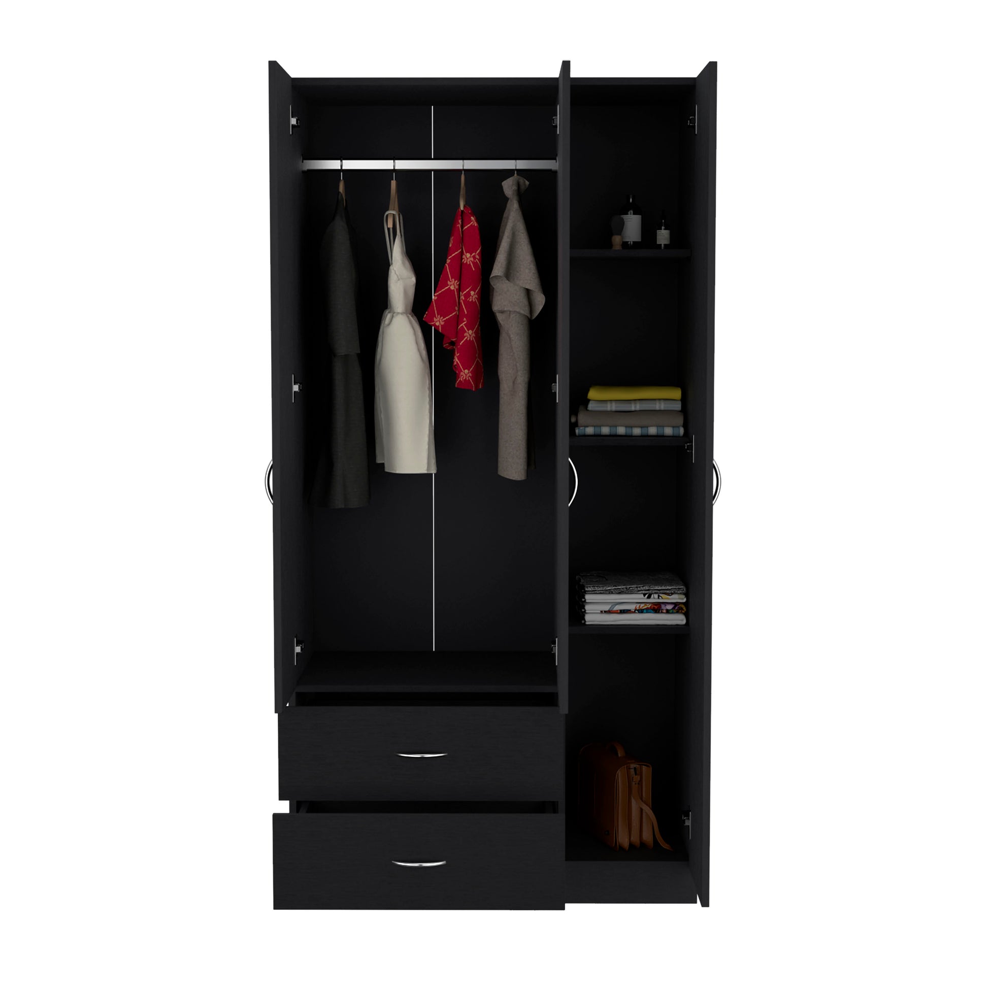 Austral 3 Door Armoire With Drawers, Shelves, And Hanging Rod Black Black Bedroom Modern Particle Board Particle Board