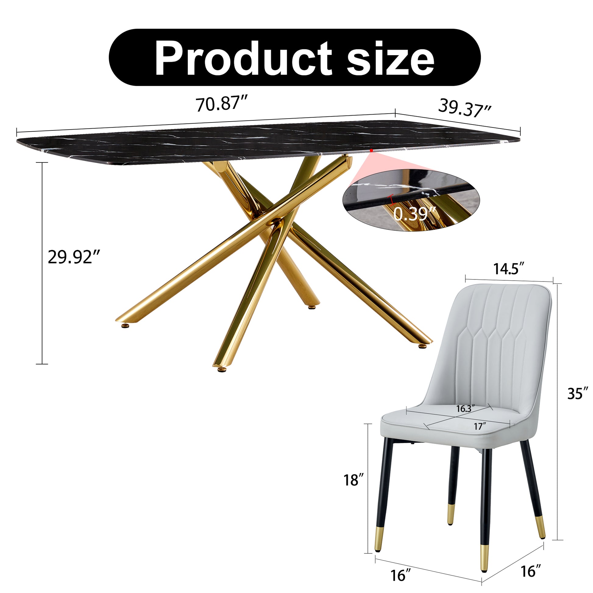 Large Modern Minimalist Rectangular Dining Table With 0.39 "Imitation Marble Black Tabletop And Golden Metal Legs, Paired With Chairs With Pu Cushions And Black Metal Legs. F 1537 C 007 Black Gold Glass Metal