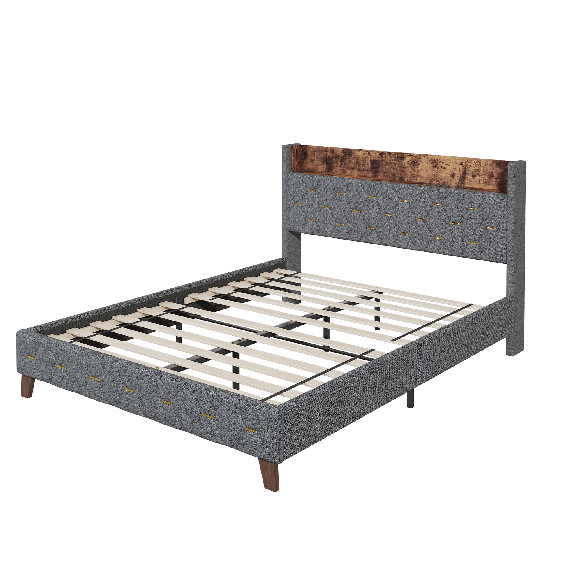 Queen Bed With Elegant Gold Metal Buttons, Built In Usb Ports, Phone Storage Pocket, And Spacious Headboard Shelving Sturdy Frame Supports Up To 300 Lbs,Mattress Not Included Queen Aqua Grey Abs