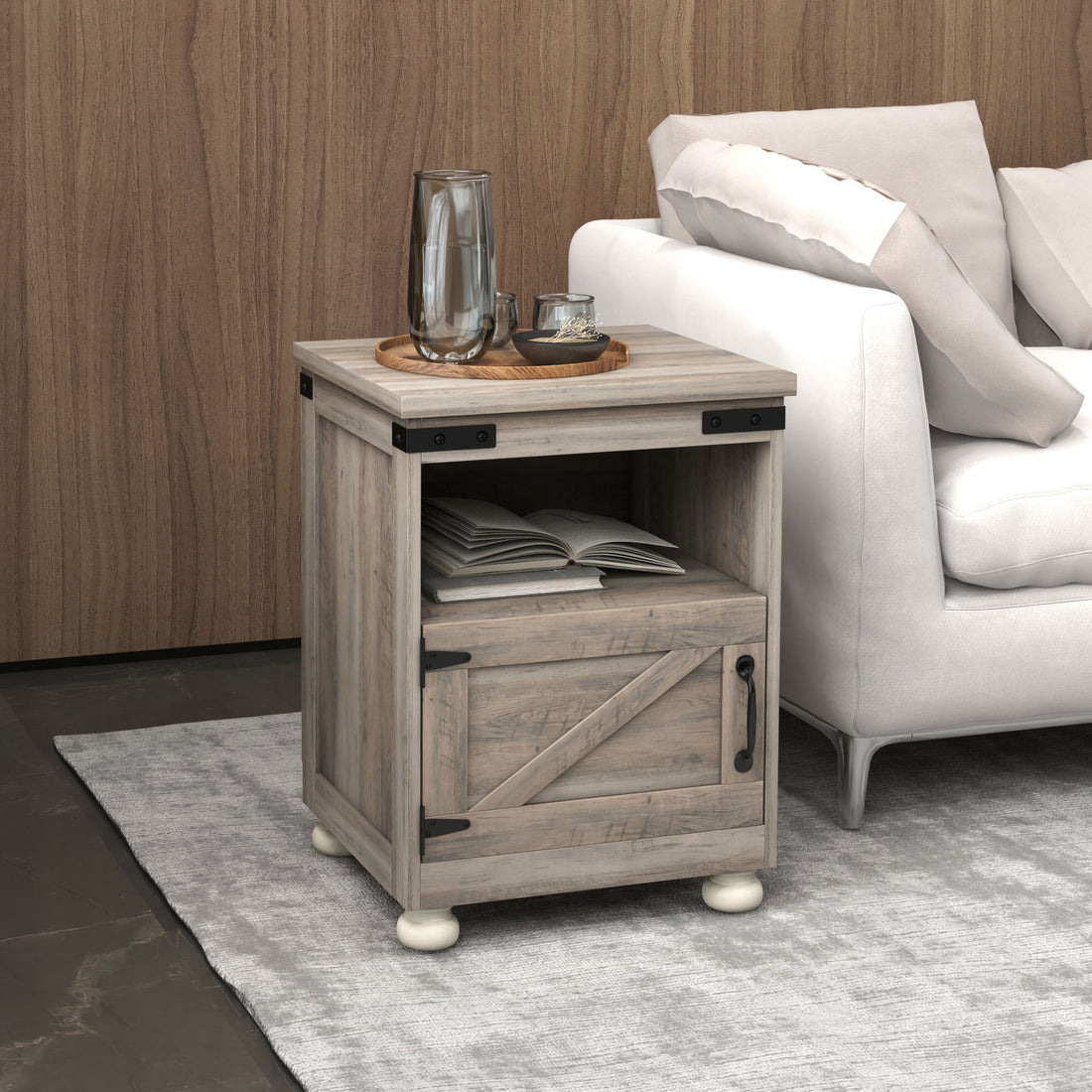 Homcom Small Side Table With Storage, Farmhouse End Table With Open Shelf And Cupboard, Modern Sofa Table With Wood Legs For Living Room, Gray Gray Particle Board