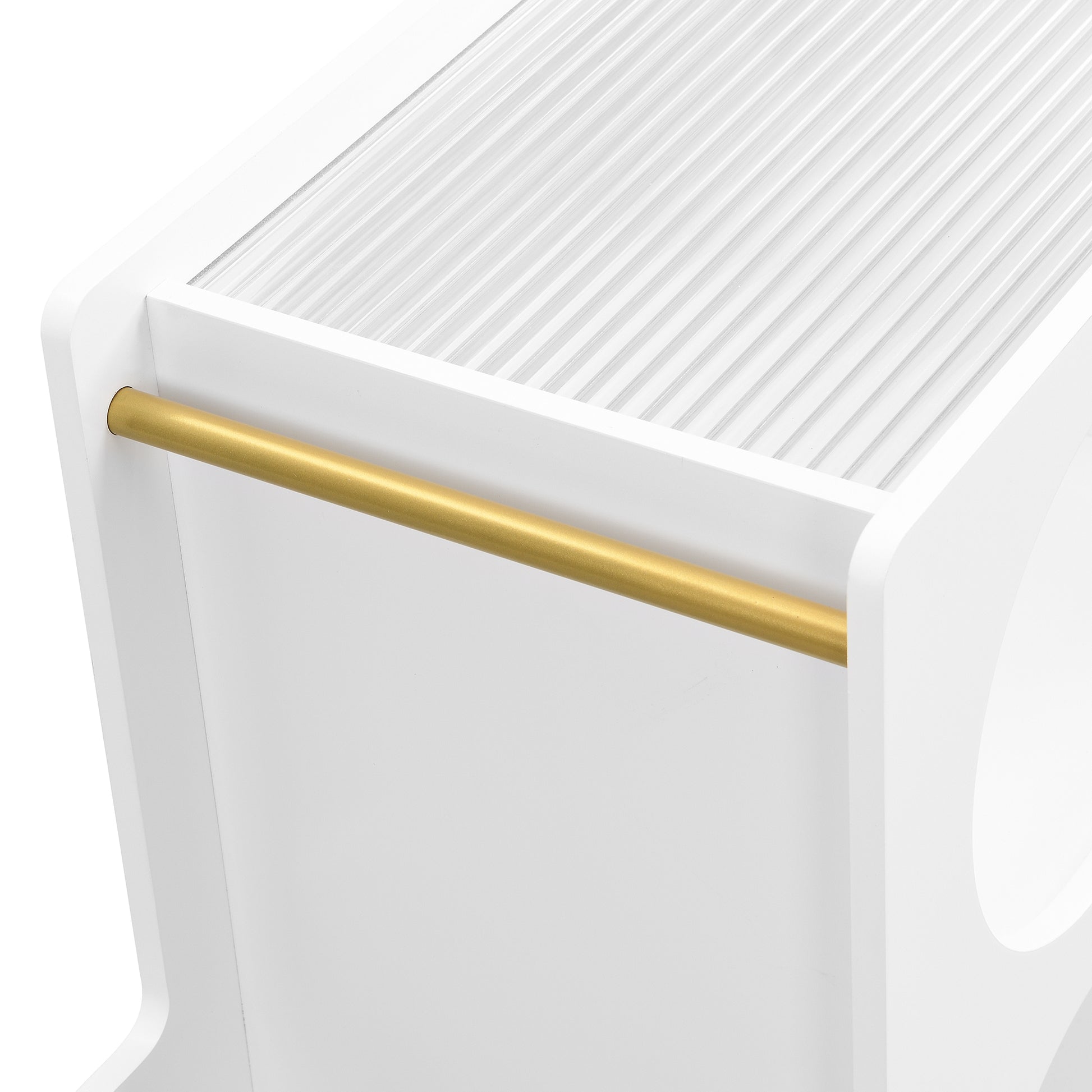 Mobile End Table With Lockable Wheels, Narrow Coffee Table With 5Mm Thick Fluted Tempered Glass, Modern Nightstand With Golden Round Rod, Living Room, White, 31.5''W X11.8''D X 23.1''H White Primary Living Space Mdf