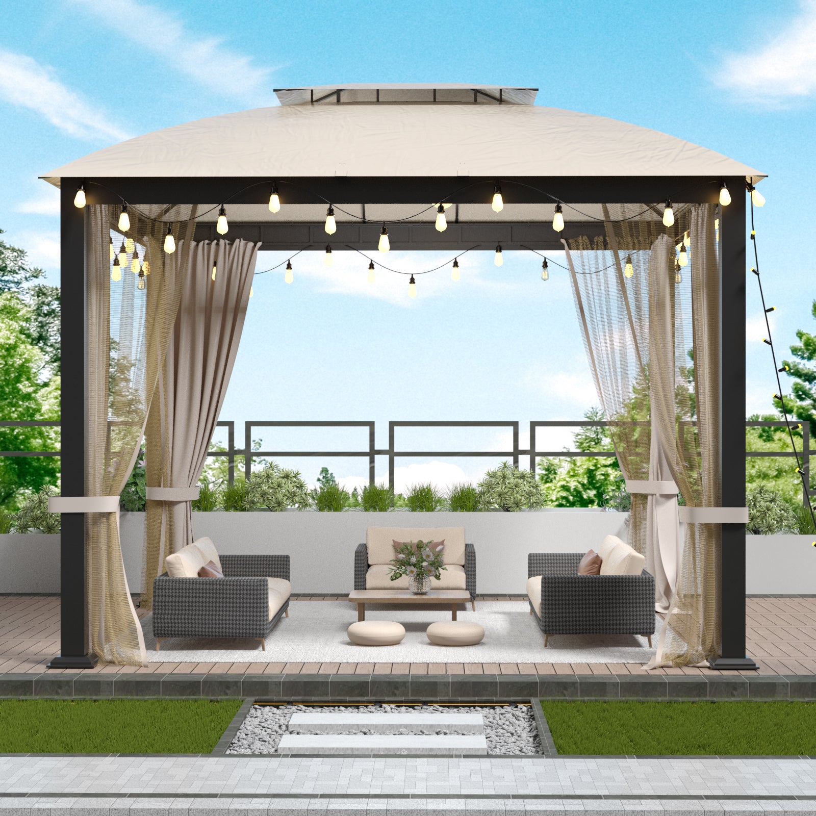 10X10Ft Softtop Metal Gazebo With Mosquito Net&Sunshade Curtains,Sturdy Heavy Duty Double Roof Canopy,Galvanized Steel Design Outdoor Tent,Suitable For Gardens,Patio,Backyard Beige Rectangular None Garden & Outdoor Water Resistant Gazebos Anchored Fabric