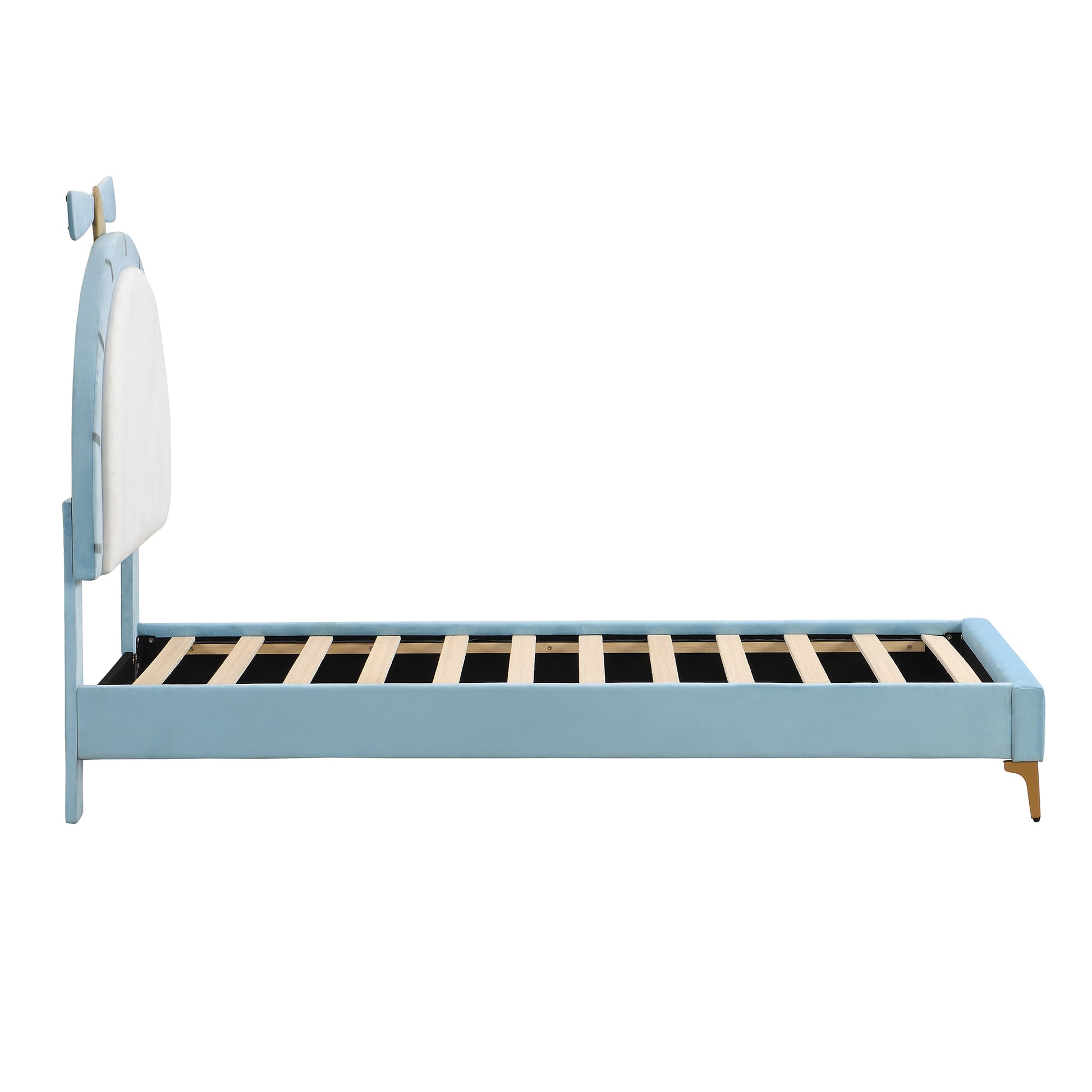 Twin Size Upholstered Platform Bed With Alarm Clock Shaped Headboard, Blue Box Spring Not Required Twin Blue Wood Bedroom Bed Frame Velvet Upholstered