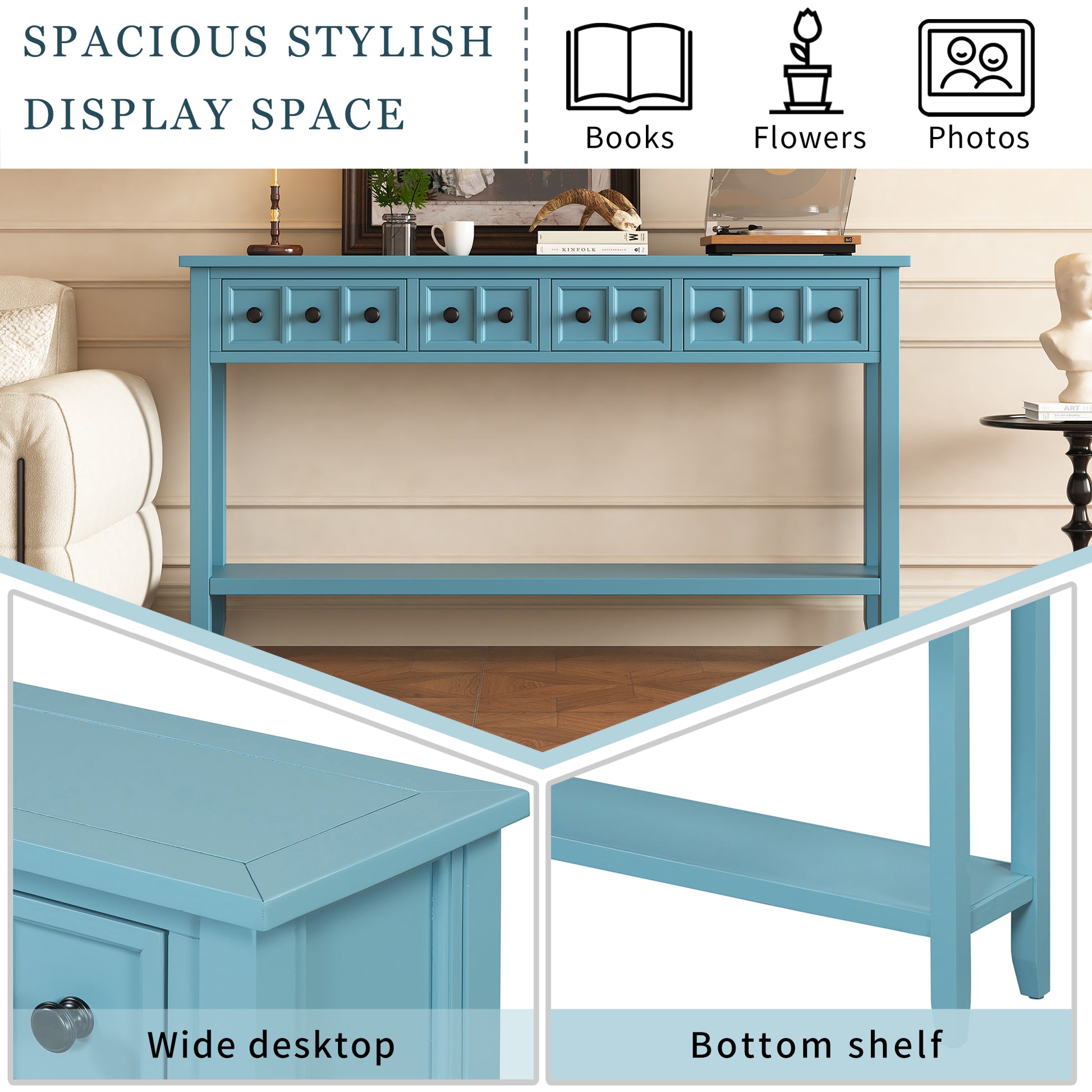 Rustic Entryway Console Table, 60" Long Sofa Table With Two Different Size Drawers And Bottom Shelf For Storage Turquoise Green Turquoise Green Solid Wood