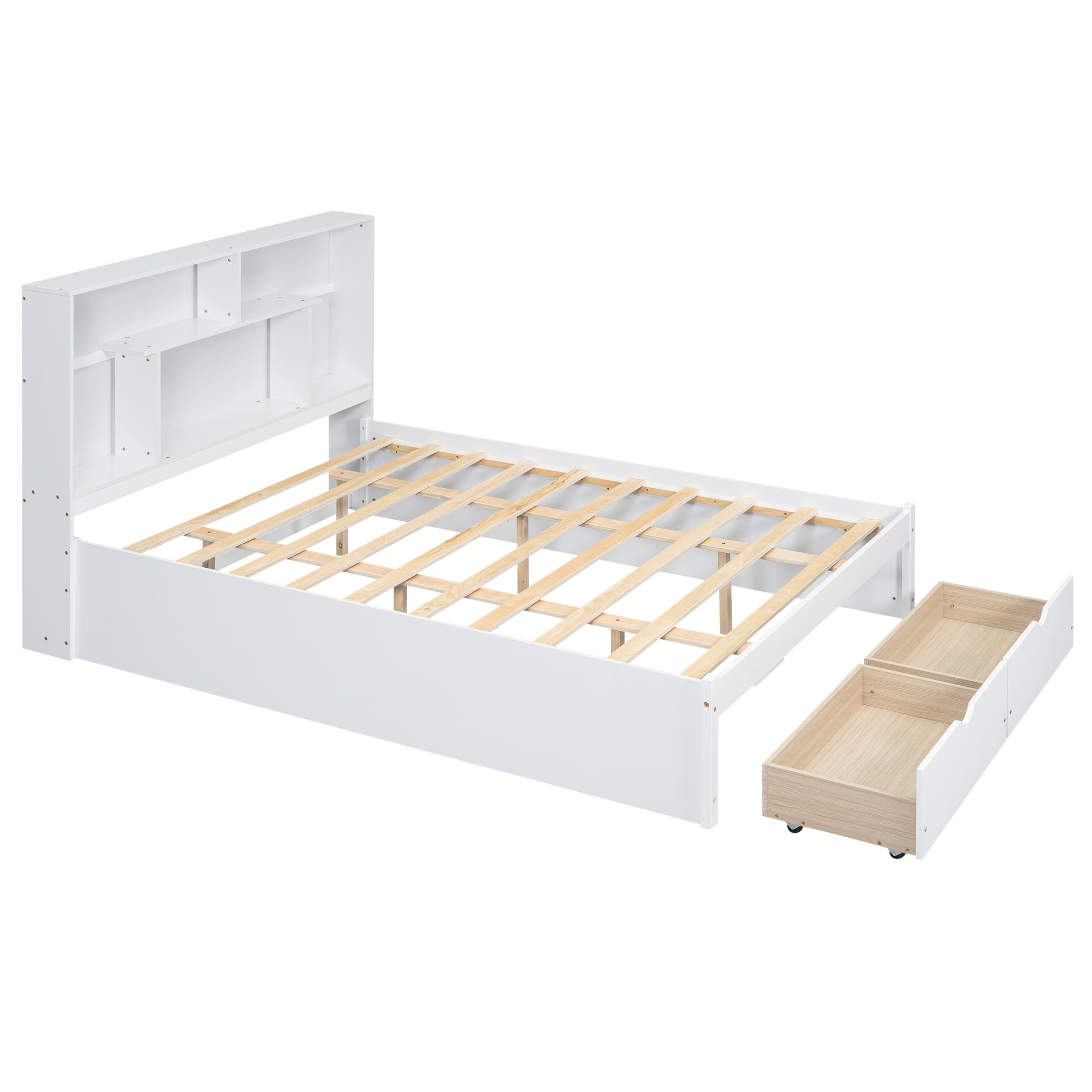 Queen Size Platform Bed With Storage Headboard And 2 Drawers, White Box Spring Not Required Queen White Wood Bedroom Bed Frame Solid Wood Mdf