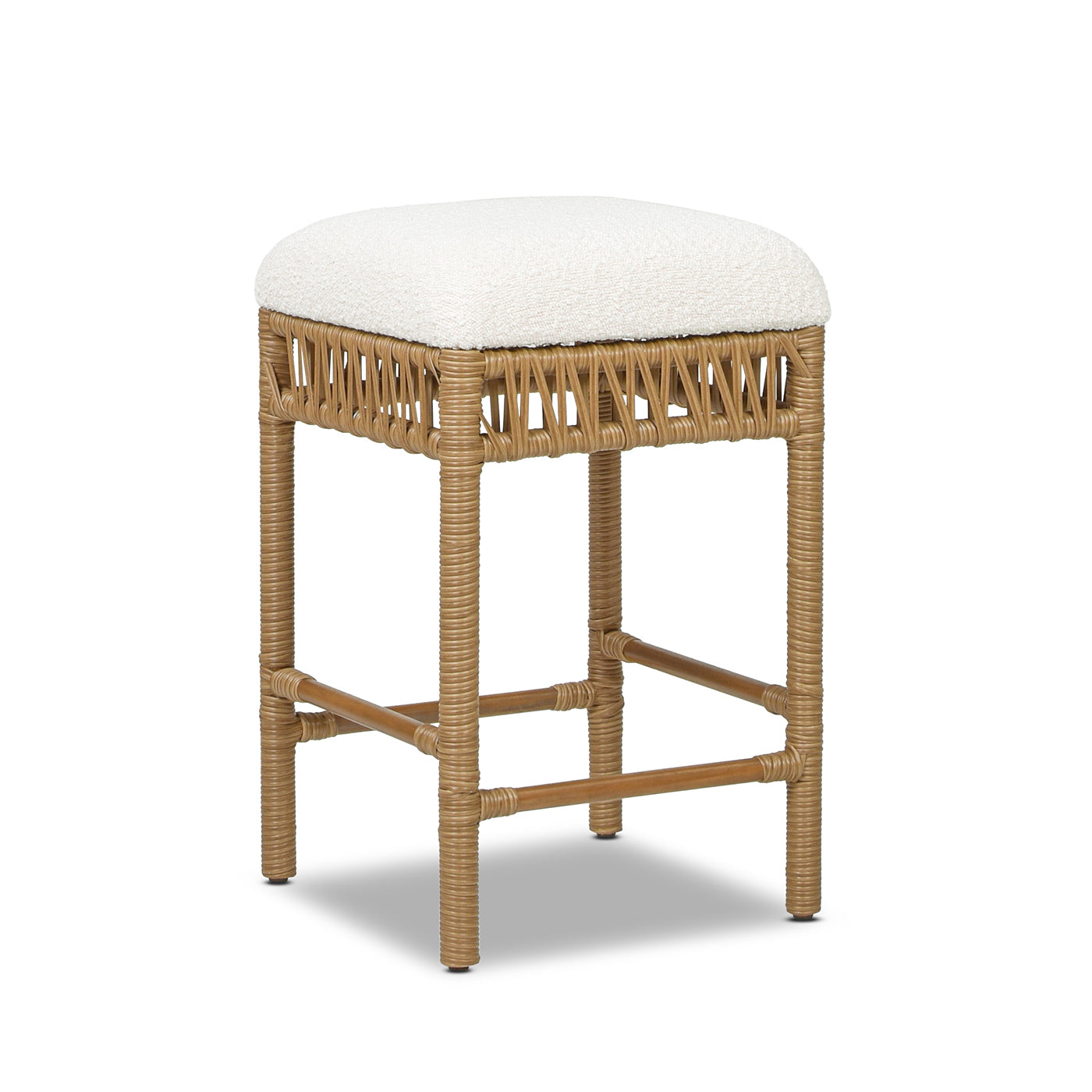 Lucia 25.5" Backless Upholstered Counter Stool With Resin Rattan Frame, Ivory White Boucle White Foam Wood Fabric Rattan