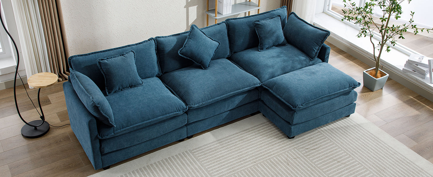 112.2" L Shape Chenille Upholstered Sofa For Living Room Modern Luxury Sofa Couch With Ottoman, 5 Pillows, Blue Blue Foam 4 Seat