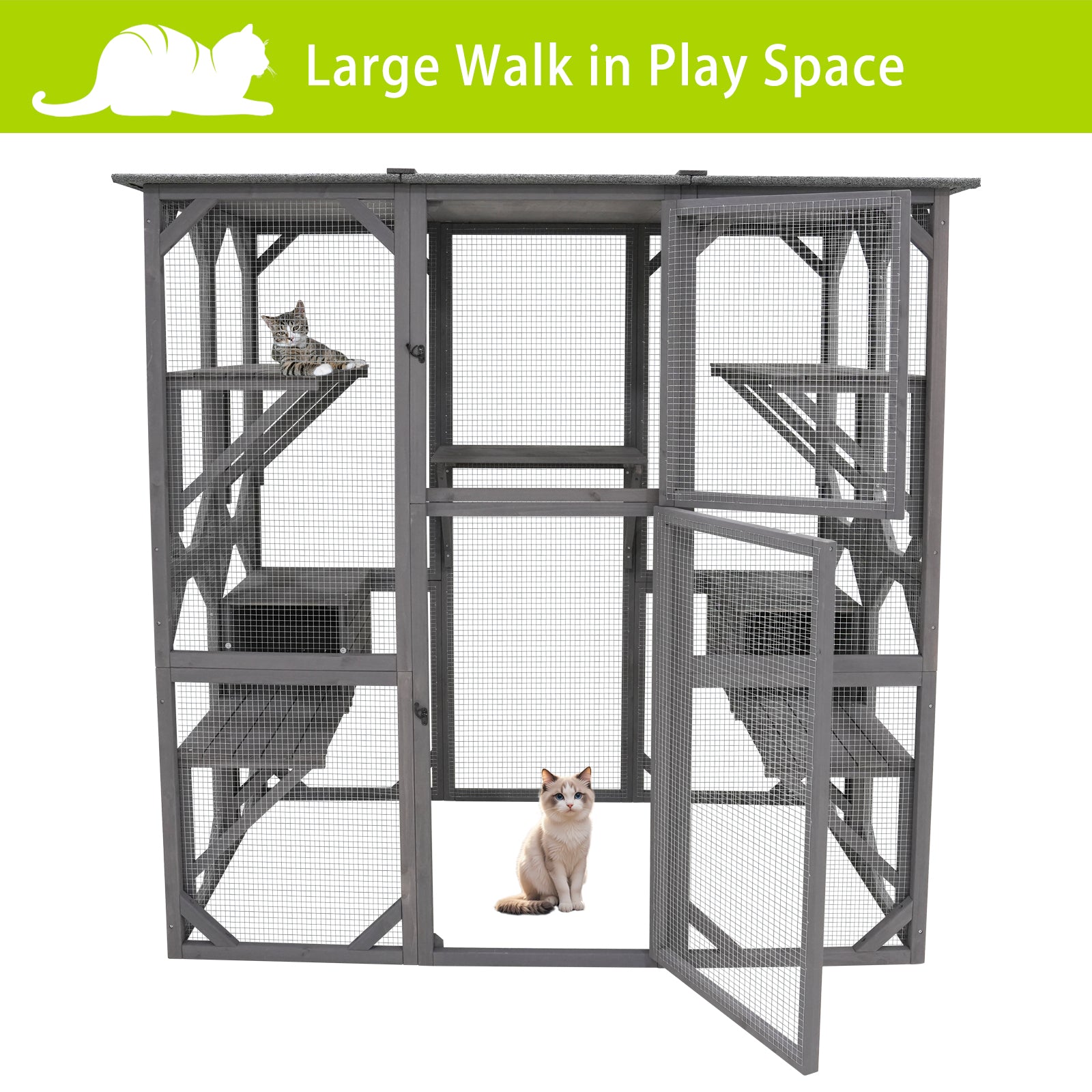 Catio Outdoor Cat Enclosure Cat Catio Cat House, Cat Cage Condo Indoor Playpen Kitty House Shelter With Multi Platforms, Waterproof Roof, Pull Out Tray 71.3" L X 38.4" W X 70.7" H Grey Solid Wood