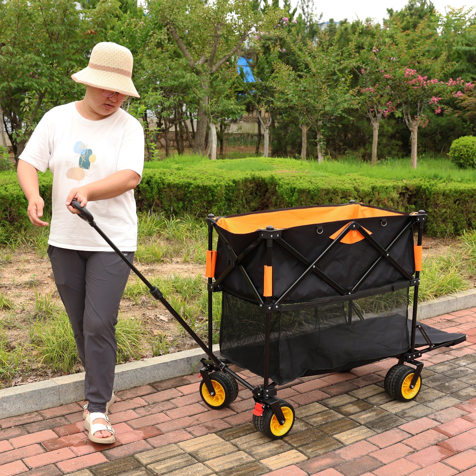 Big Large Capacity Folding Cart Extra Long Extender Wagon Cart Folding Wagon Garden Shopping Beach Cart Black Orange Black Garden & Outdoor Iron,Oxford Fabric