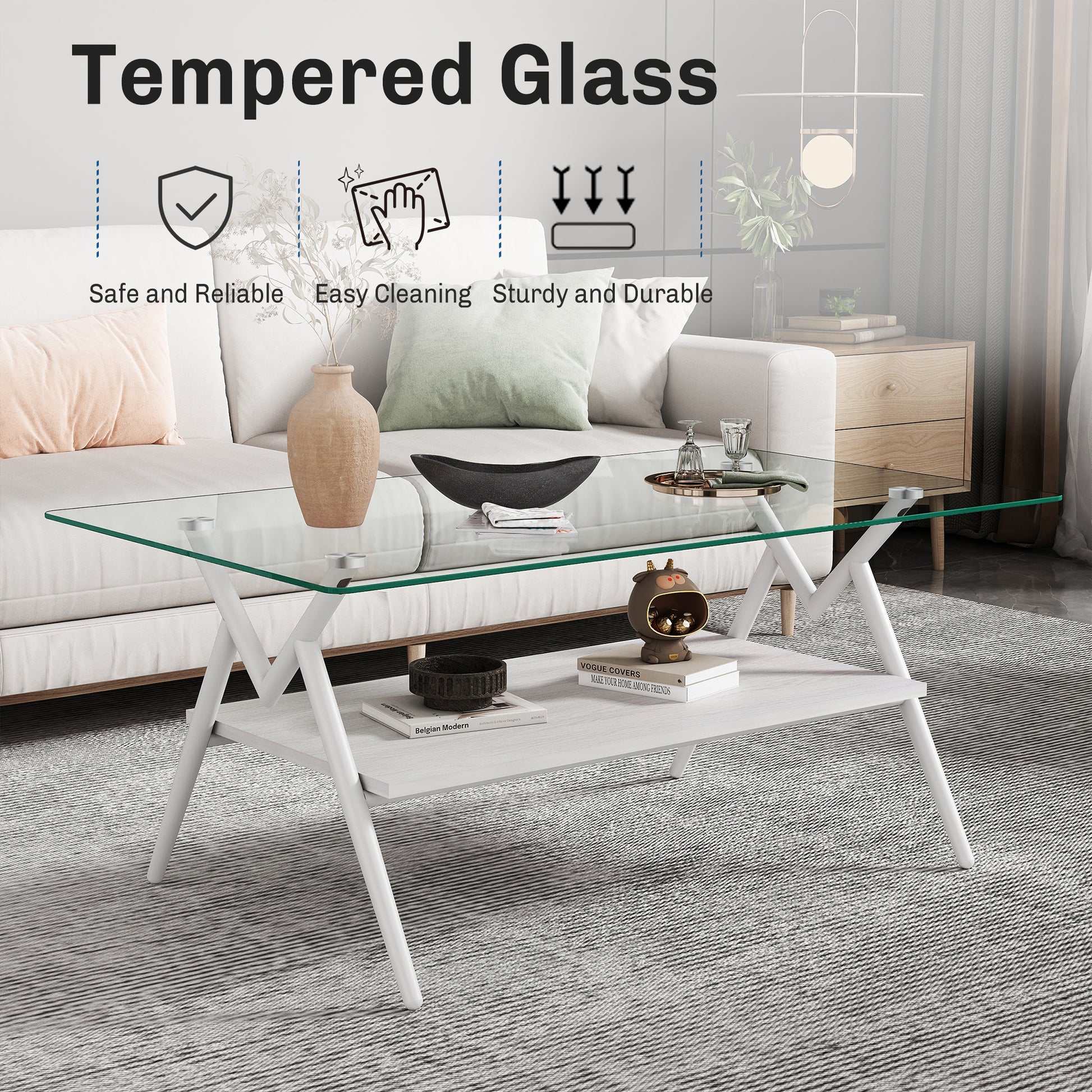 Coffee Table And End Tables Set Of 3, Tempered Glass Table With Mdf Layer, Modern Tables For Living Roomtransparent Glass Transparent Tempered Glass