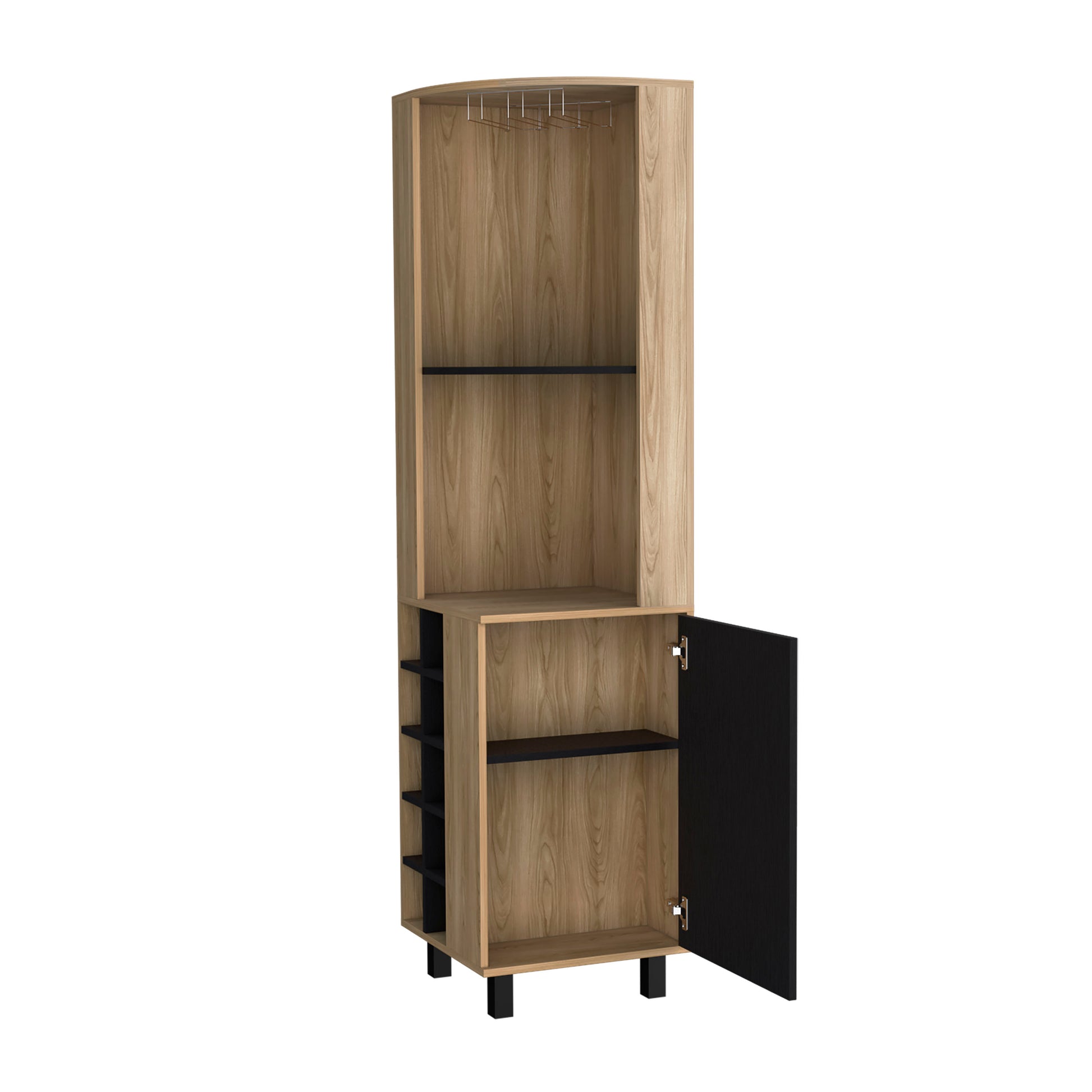 Leah Corner Bar Cabinet In Melamine, Glass Holder, Wine And Wine Rack. Freestanding 5 Or More Spaces Multicolor Primary Living Space Open Storage Space Contemporary Pine Particle Board Melamine