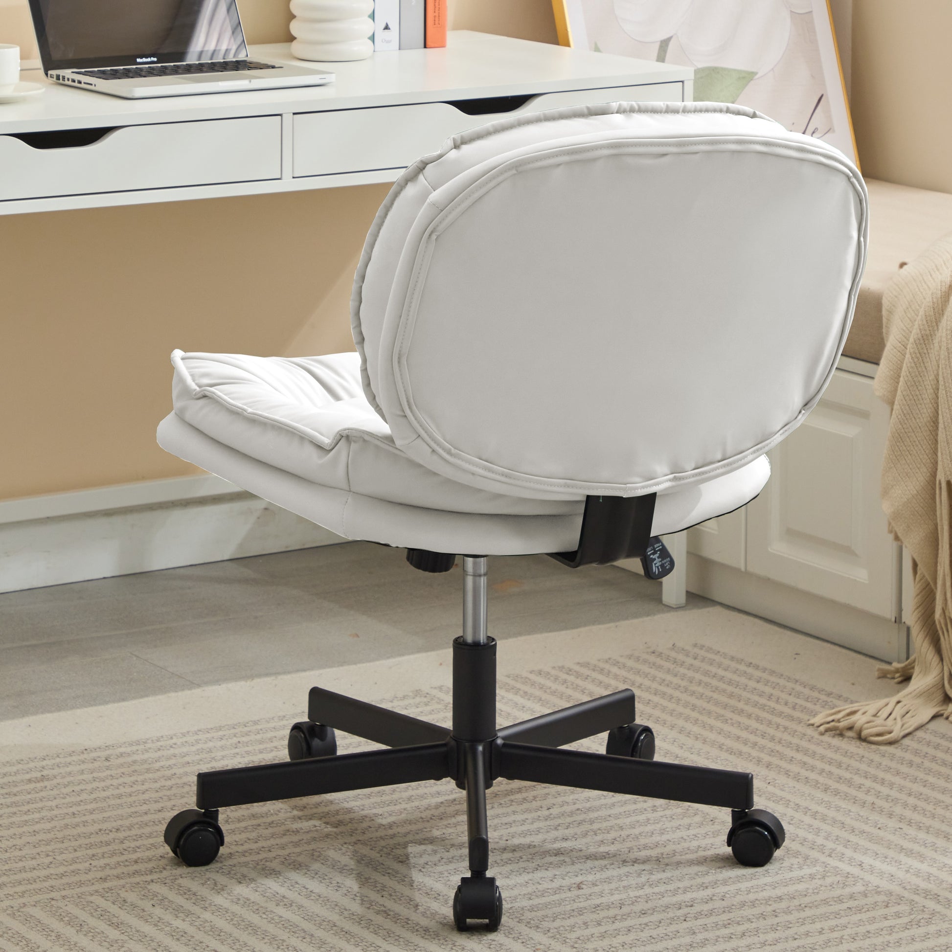 Armless Office Desk Chair With Wheels: Pu Leather Cross Legged Wide Chair,Comfortable Adjustable Swivel Computer Task Chairs For Home,Office,Make Up,Small Space,Bed Room Creamy White Antique Fiber Foam And Polyester Fiber Pad Pvc