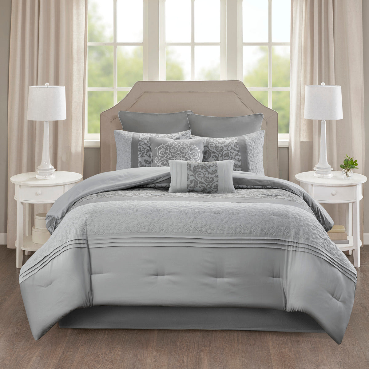 Embroidered 8 Piece Comforter Set Grey King King Grey Polyester