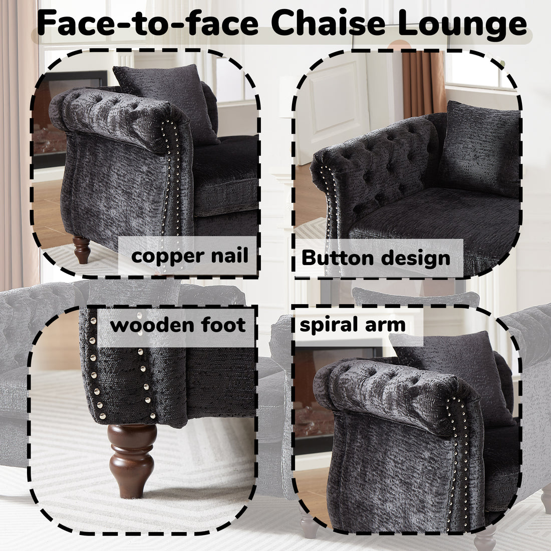 81 Inch Chenille Face To Face Chaise Lounge With Two Pillows,Nailhead Trim,Button Tufted Design And Rolled Arms For Lounge, Living Room And Office Black Chenille 1 Seat