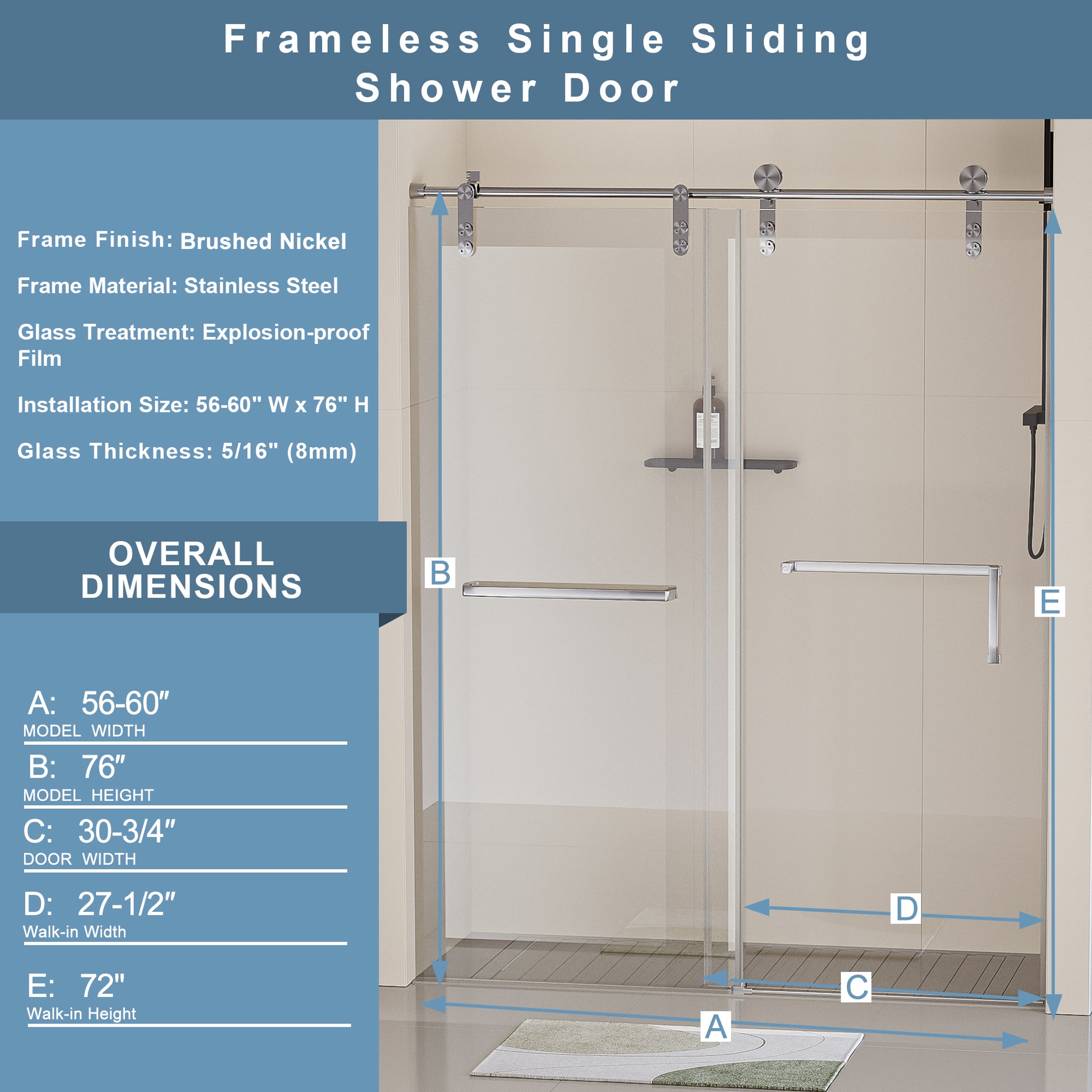 56 60 In. W X 76 In. H Frameless Shower Door, Single Sliding 5 16" 8Mm Clear Tempered Glass Shower Door With Explosion Proof Film, Stainless Steel Hardware, Brushed Nickel 24D210 60Bn Combo Brushed Nickel Tempered Glass