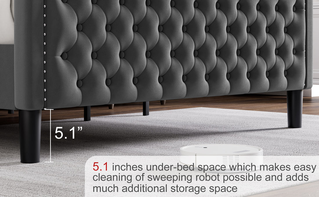 Lift Up Velvet Gray King Size Bed Box Spring Not Required King Gray Wood Light Brown Bedroom American Design Poplar Slat Beds Foam Velvet Upholstered