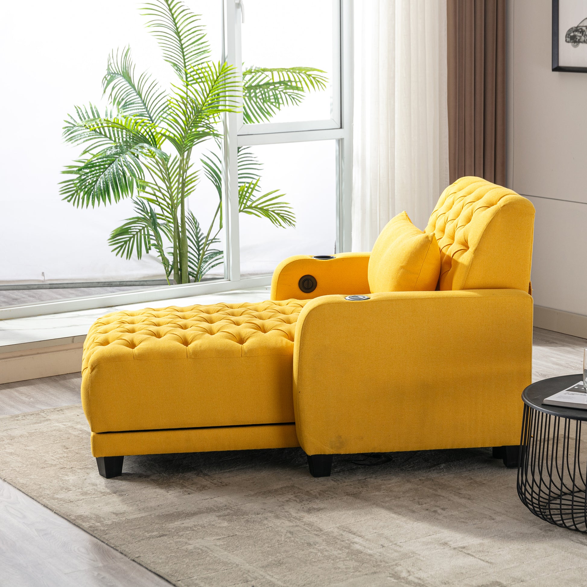 Coolmore Multifunctional Living Room Leisure Chaise Lounge Barry Tufted Comfy Armchair Wireless Charging, Smooth Reclining Backrest & Lumbar Pillow For Home Apartment Yellow Linen Yellow Foam Linen