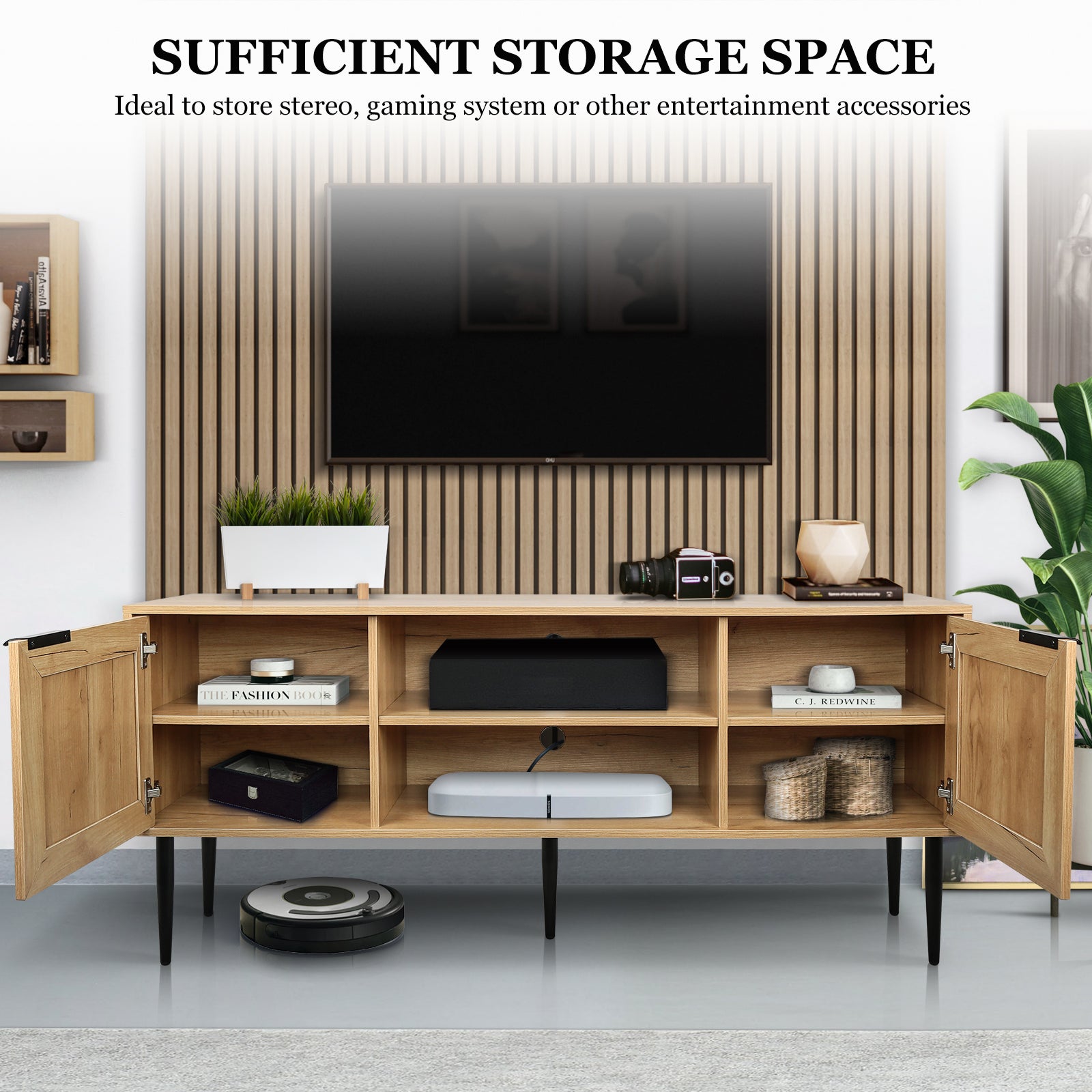 Wooden Tv Stand For Tvs Up To 65 Inches,With 2 Rattan Decorated Doors And 2 Open Shelves,Living Room Tv Console Table Wooden Entertainment Unit, Natural Color Natural Particle Board