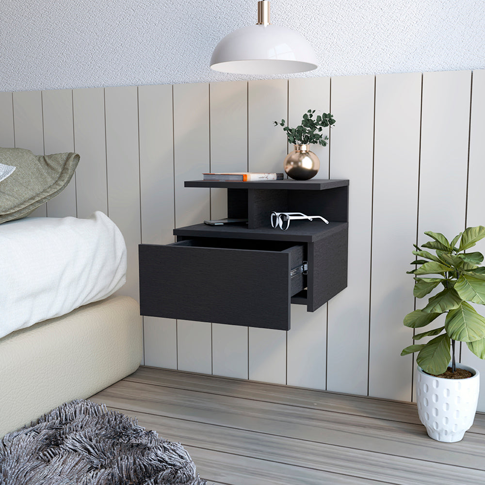 Floating Nightstand Flopini, One Drawer, Black Wengue Finish Black Particle Board