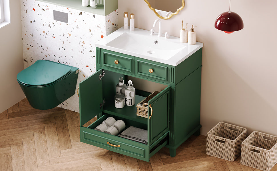 30'' Bathroom Vanity With Resin Sink, Solid Wood Frame Bathroom Storage Cabinet With Soft Closing Doors, Retro Style, Green Same As Sw000118Aaf Green Bathroom Modern Solid Wood Mdf Resin