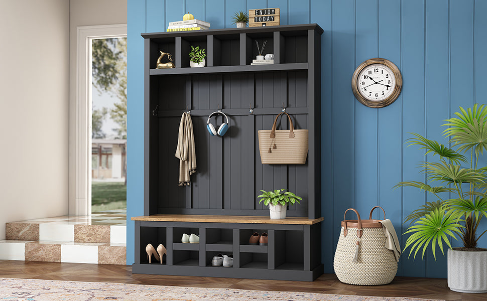 Farmhouse Wooden Style 78''H Modern Hall Tree With Wide Storage Seating Bench, Entryway Shoe Cabinet With 13 Compartments, Elegant Coat Rack With 6 Hooks For Mudroom, Living Room, Black Black Primary Living Space Particle Board