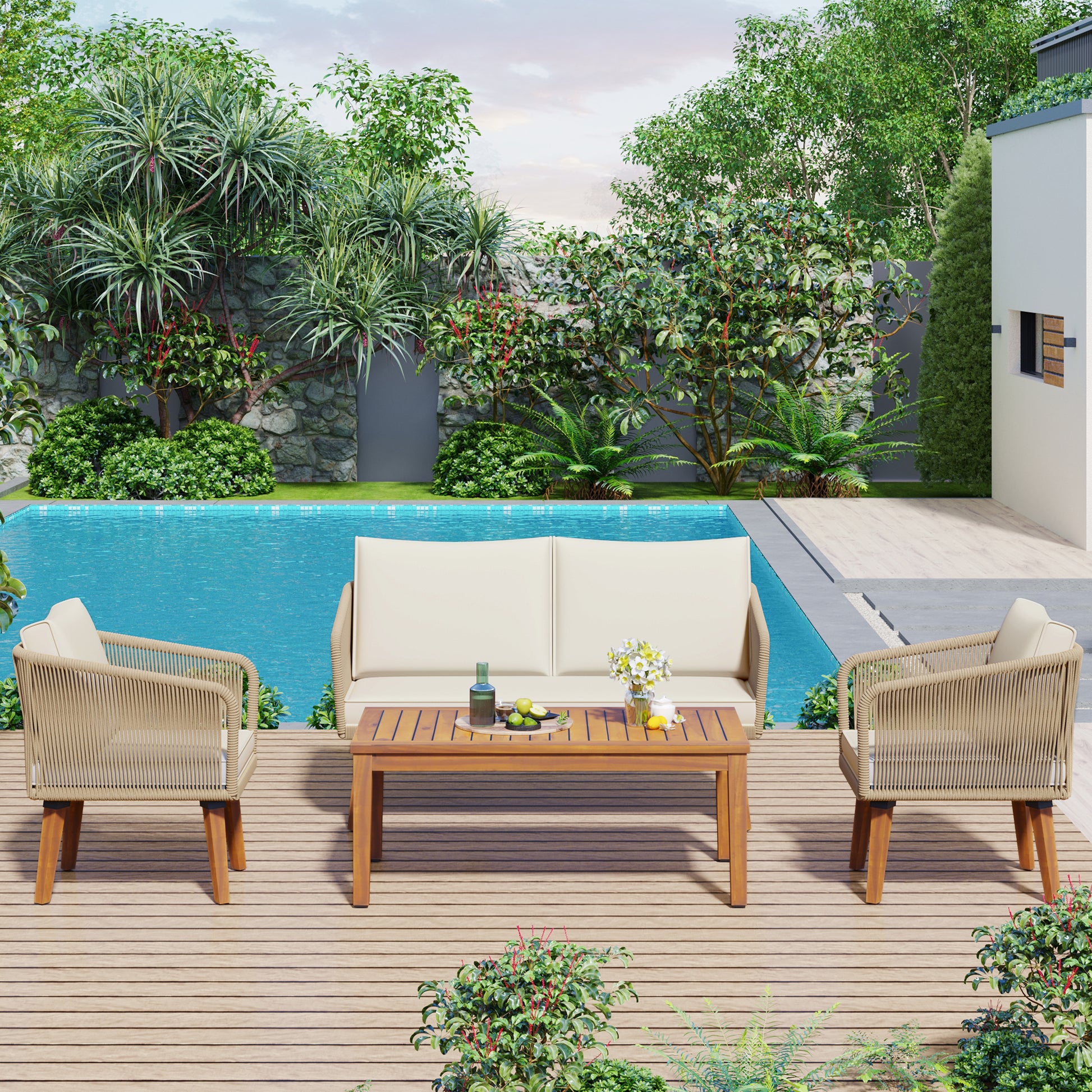 4 Piece Patio Conversation Set, Solid Wood Loveseat, 2 Chairs And Table, Outdoor Conversation Group With Cushions For Backyard, Poolside, Garden Beige Cushion Natural Rope Beige Natural Woven Rope