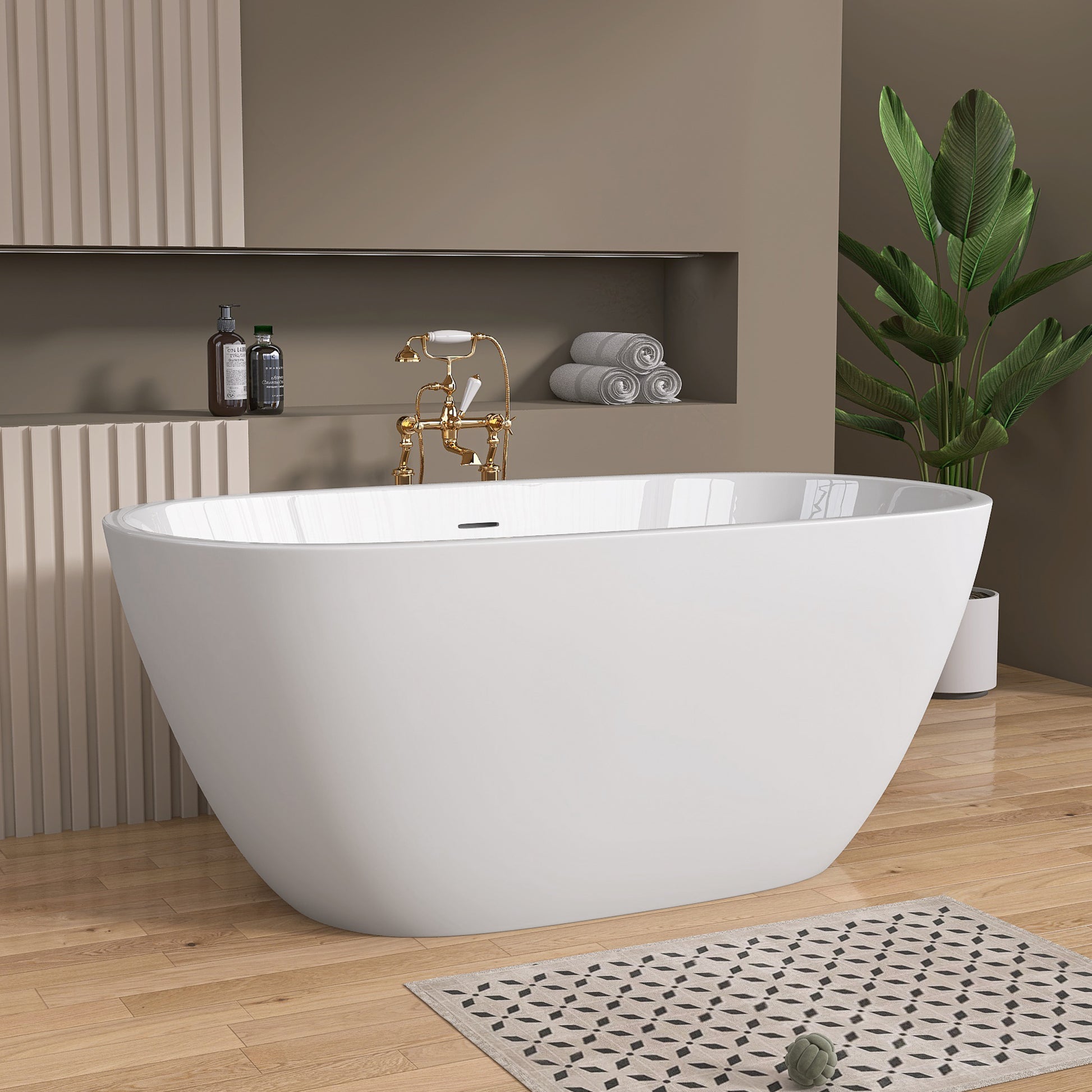 55 Inch Acrylic Freestanding Bathtub Contemporary Soaking White Tub With Overflow And Pop Up Drain Matte White Matte White Oval Bathroom Freestanding Tubs Matte Less Than 59 In Contemporary,Modern Soaking Center Fiberglass Acrylic