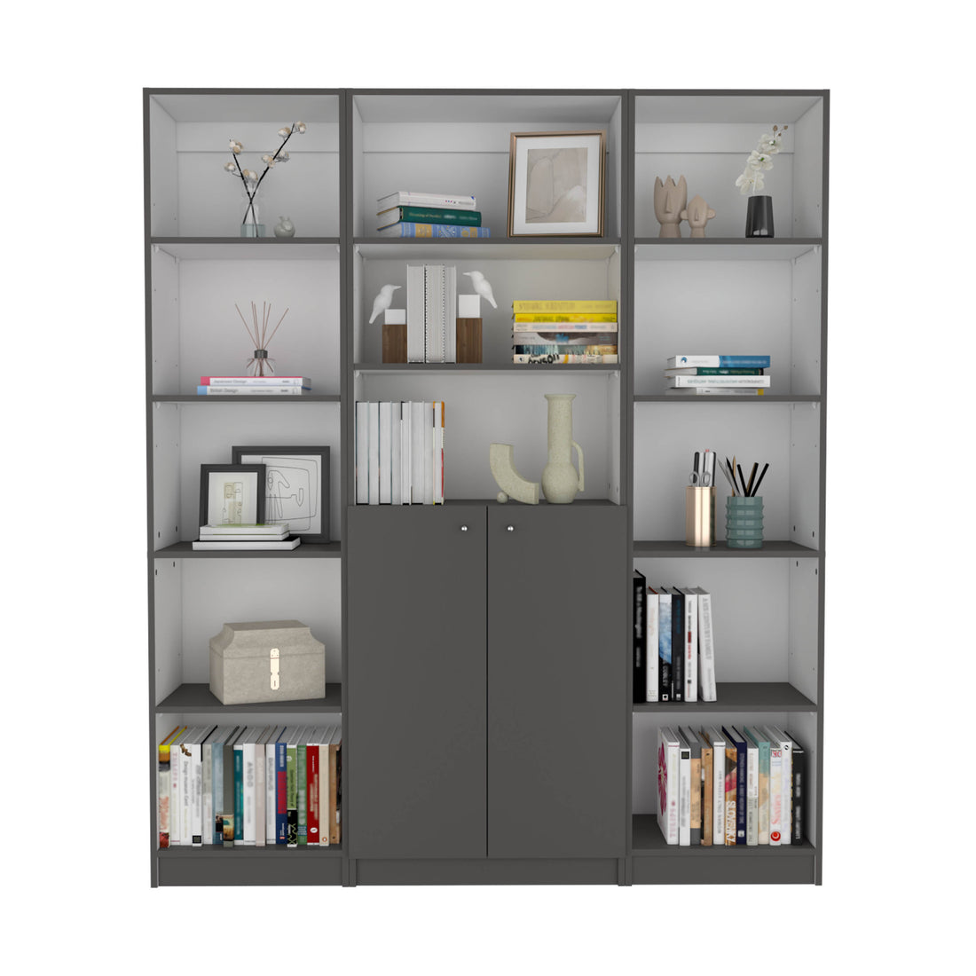 June 3 Piece Home Bookcase Set, 60" Wide With 13 Shelves And 2 Door Cabinetliving Room Set Matt Gray White Freestanding 5 Or More Shelves Multicolor Office Modern Particle Board