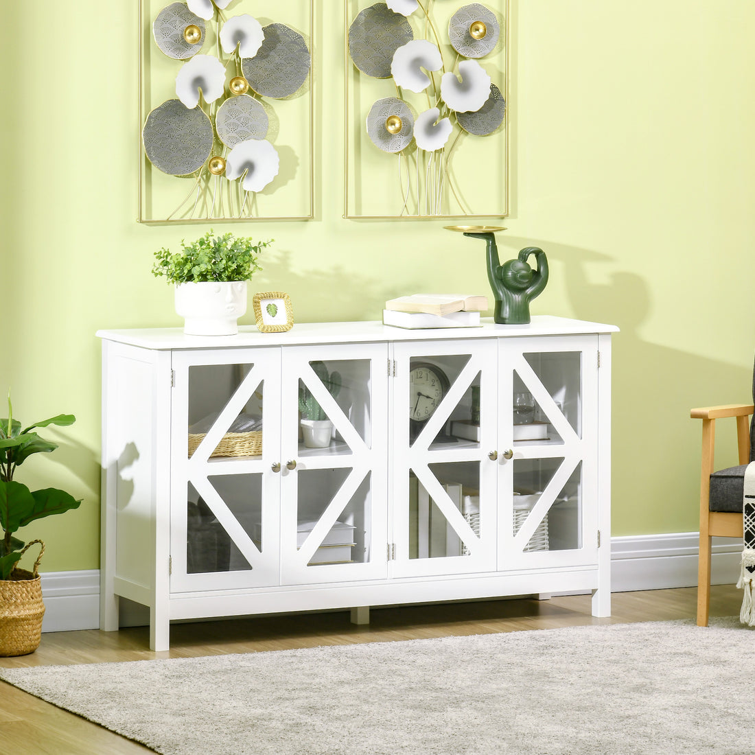 Homcom Sideboard, Buffet Cabinet With 4 Tempered Glass Doors And Adjustable Storage Shelf, Credenza, White White Mdf