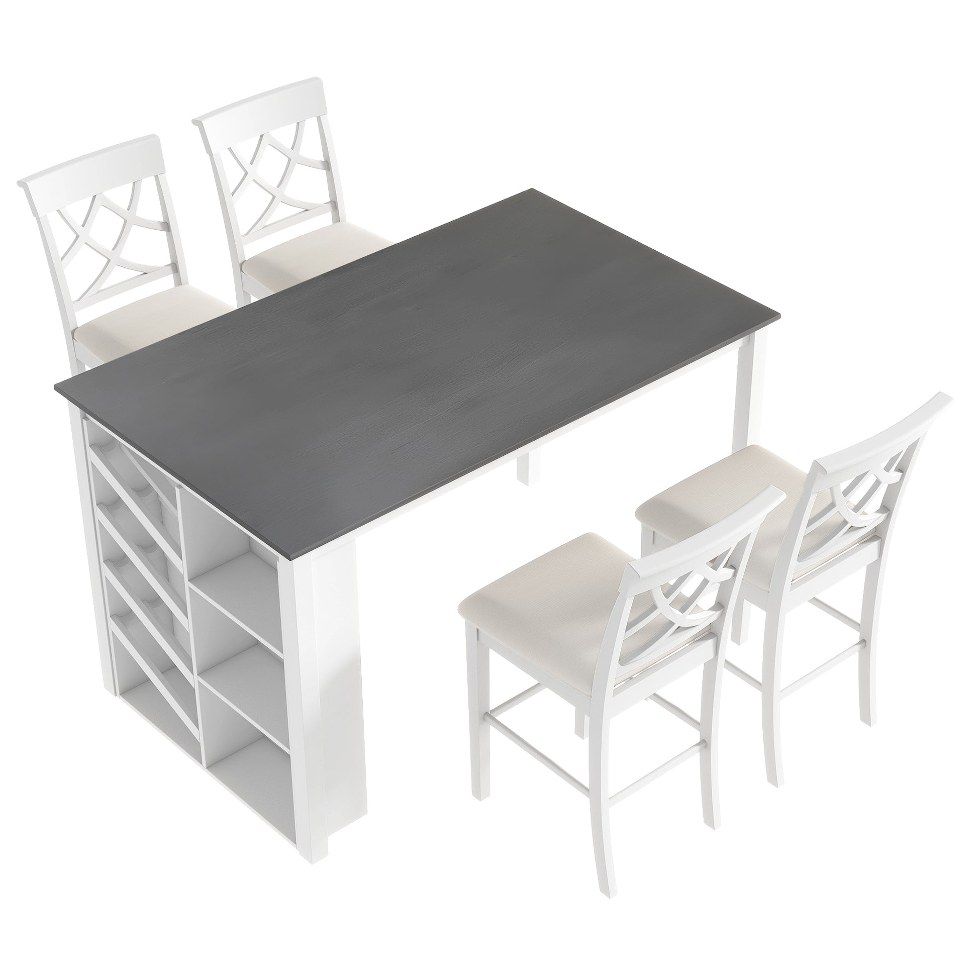 Updated Counter Height 5 Piece Solid Wood Dining Table Set, 59*35.4Inch Table With Curved Wine Rack And 4 Upholstered Chairs, White Wood Dining Room Solid Wood Rubberwood Rectangular Dining Table With Chair Wood Wood White Solid Back Seats 4 Farmhouse 4