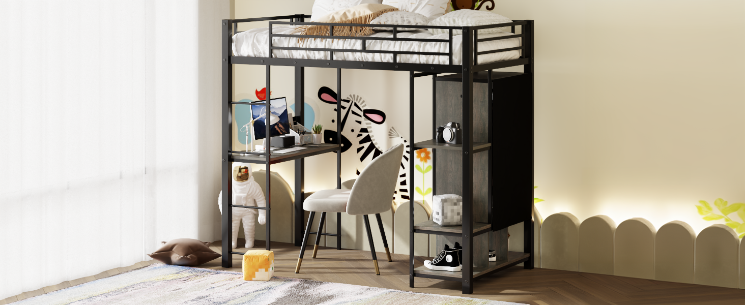 Twin Size Metal Loft Bed With Built In Wardrobe, Desk And Shelves, Black Expected Arrival Time: 9.3 Box Spring Not Required Twin Black Mdf Metal