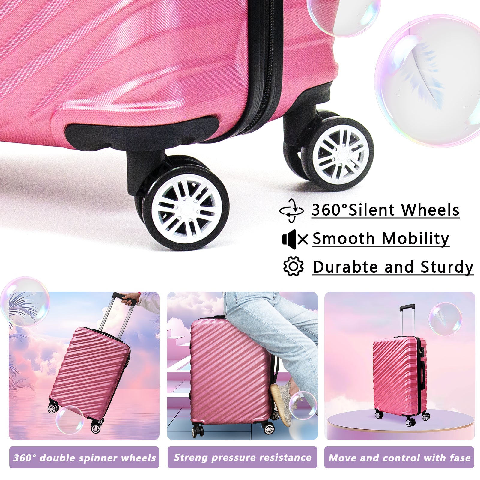 3 Piece Hard Shell Luggage Set With Tsa Lock Spinner Wheel Abs Lightweights Checked Convenient Stackable Suitcase Woman Men 20 24 28 Pink Abs