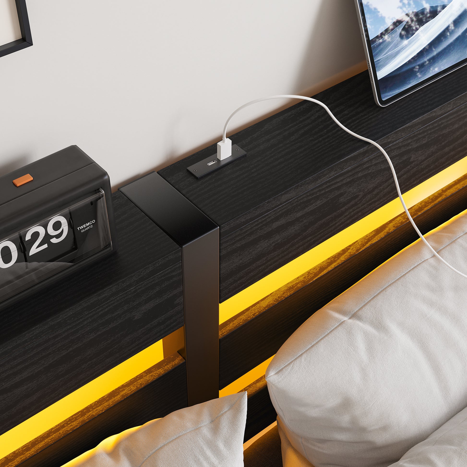 Queen Size Metal Bed Frame With Wooden Headboard, Rgb Lights, Charger, Storage Shelf, Noise Free, No Box Spring Needed, Black Box Spring Not Required Queen Black Metal Bedroom Bed Frame Metal & Wood