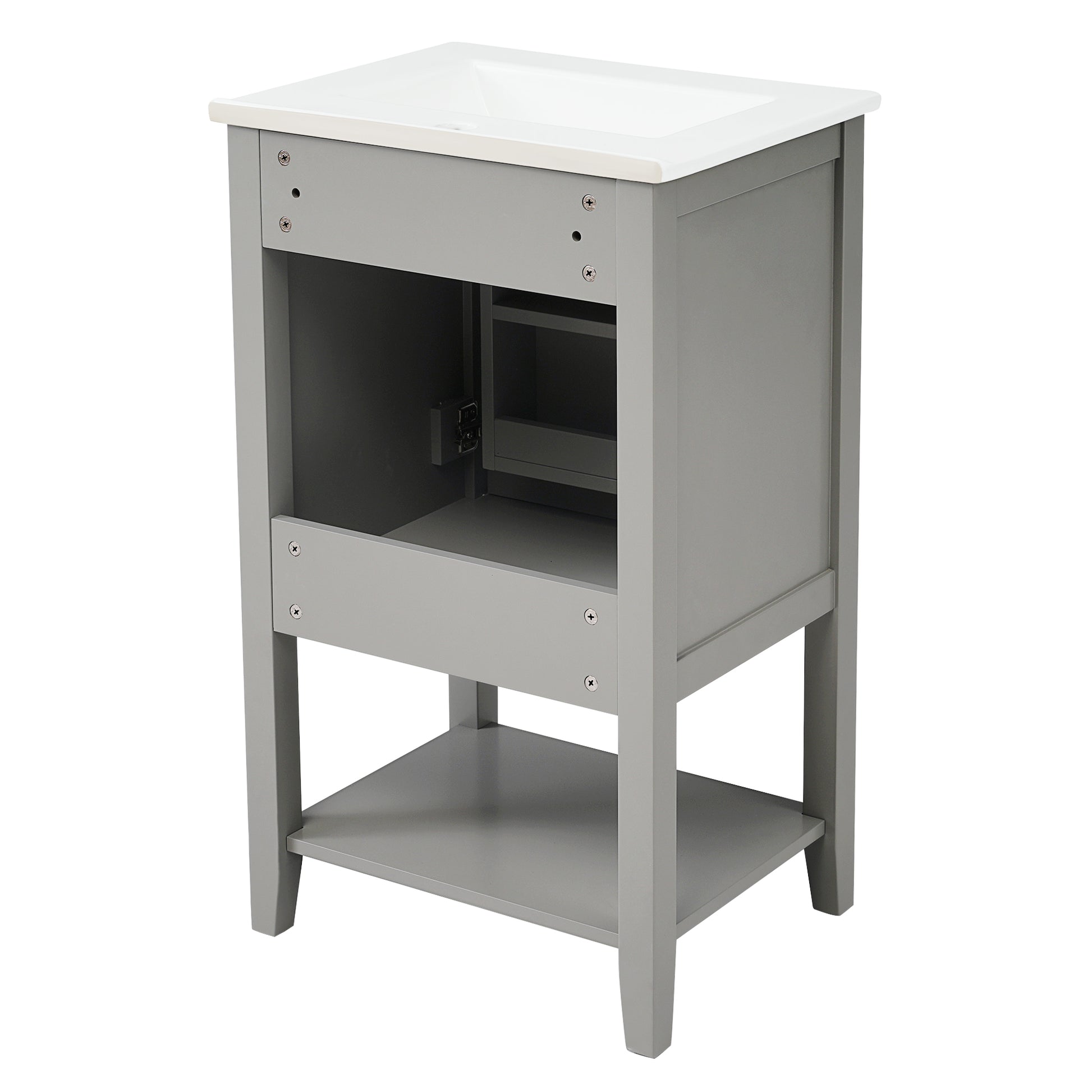 20" Bathroom Vanity With Sink, Bathroom Cabinet With Soft Closing Door, Storage Rack And Open Shelf, Grey Grey Solid Wood Mdf