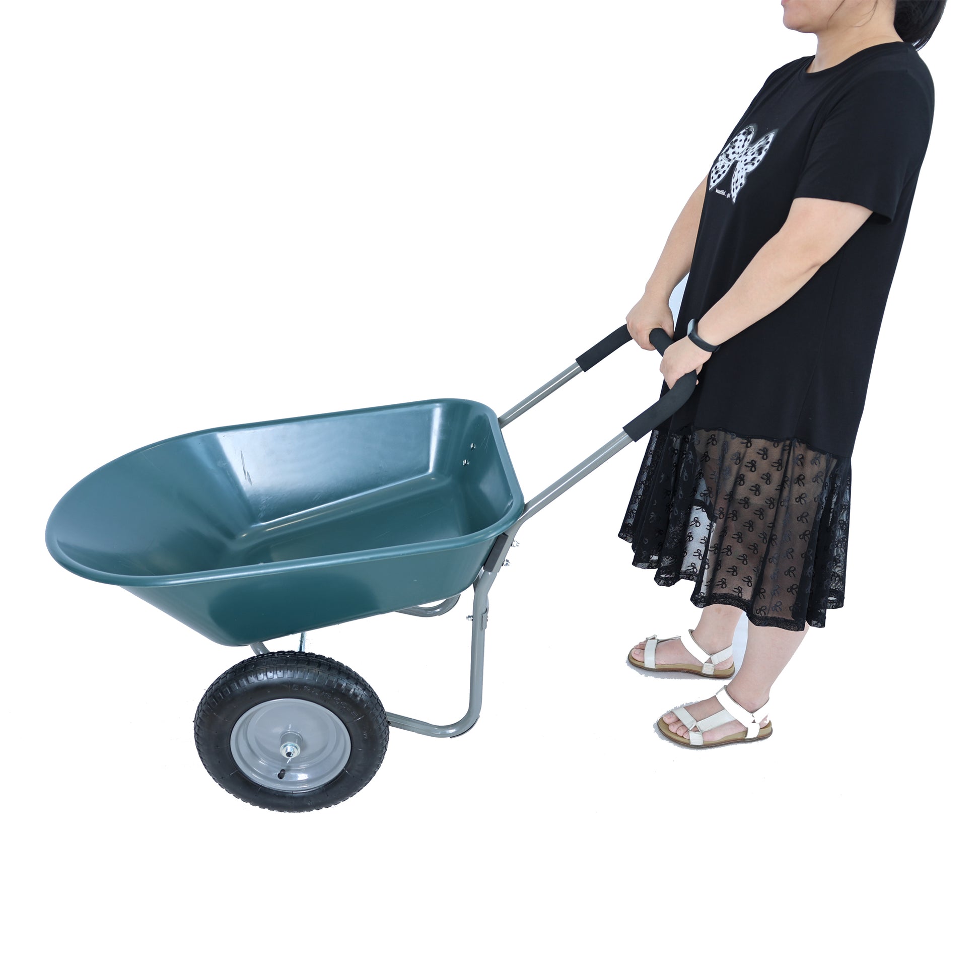 Wheel Barrow Two Wheeled Trolley For Green Garden 15 Inch Pneumatic Wheel Wb1001Gn Green Abs Steel Q235