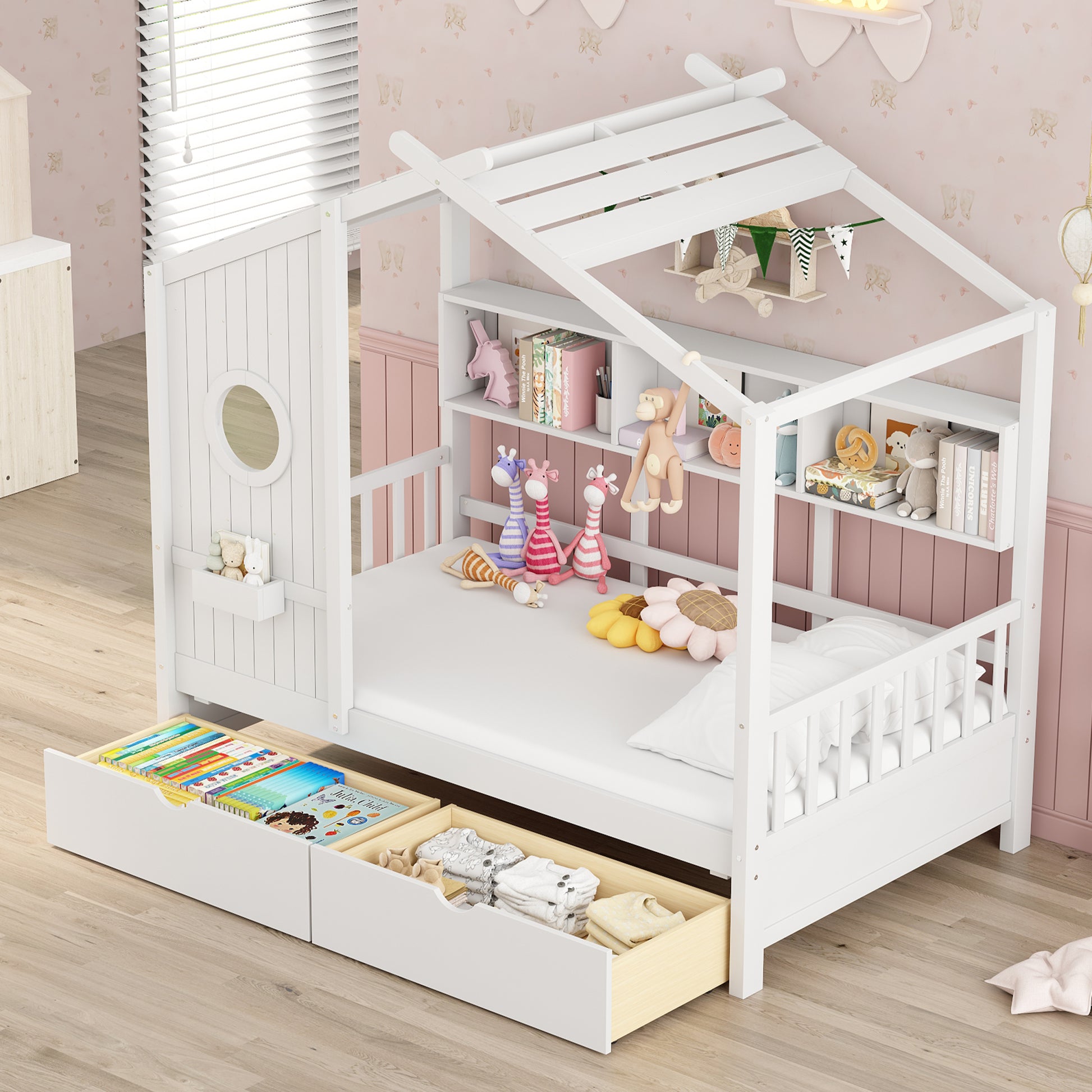 Wooden Twin Size House Bed With 2 Drawers,Kids Bed With Storage Shelf, White Twin White Solid Wood