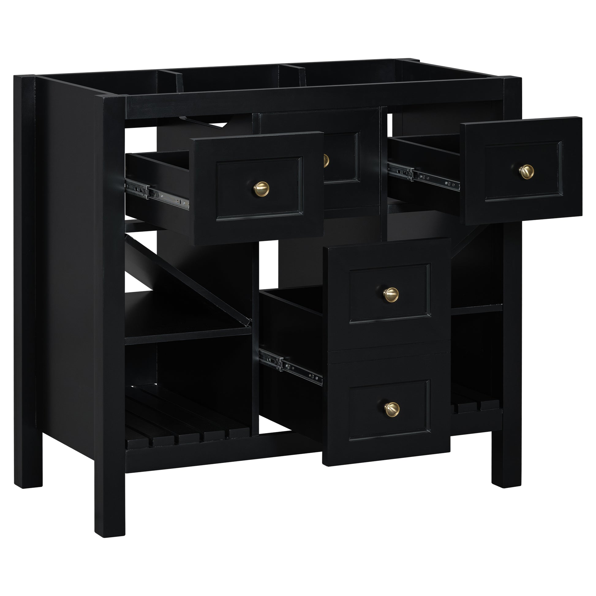 36'' Bathroom Vanity Without Sink, Solid Wood Frame Bathroom Storage Cabinet, Freestanding Vanity With 5 Drawers& Soft Closing Doors Not Include Basin Sink Black Bathroom Solid Wood Mdf