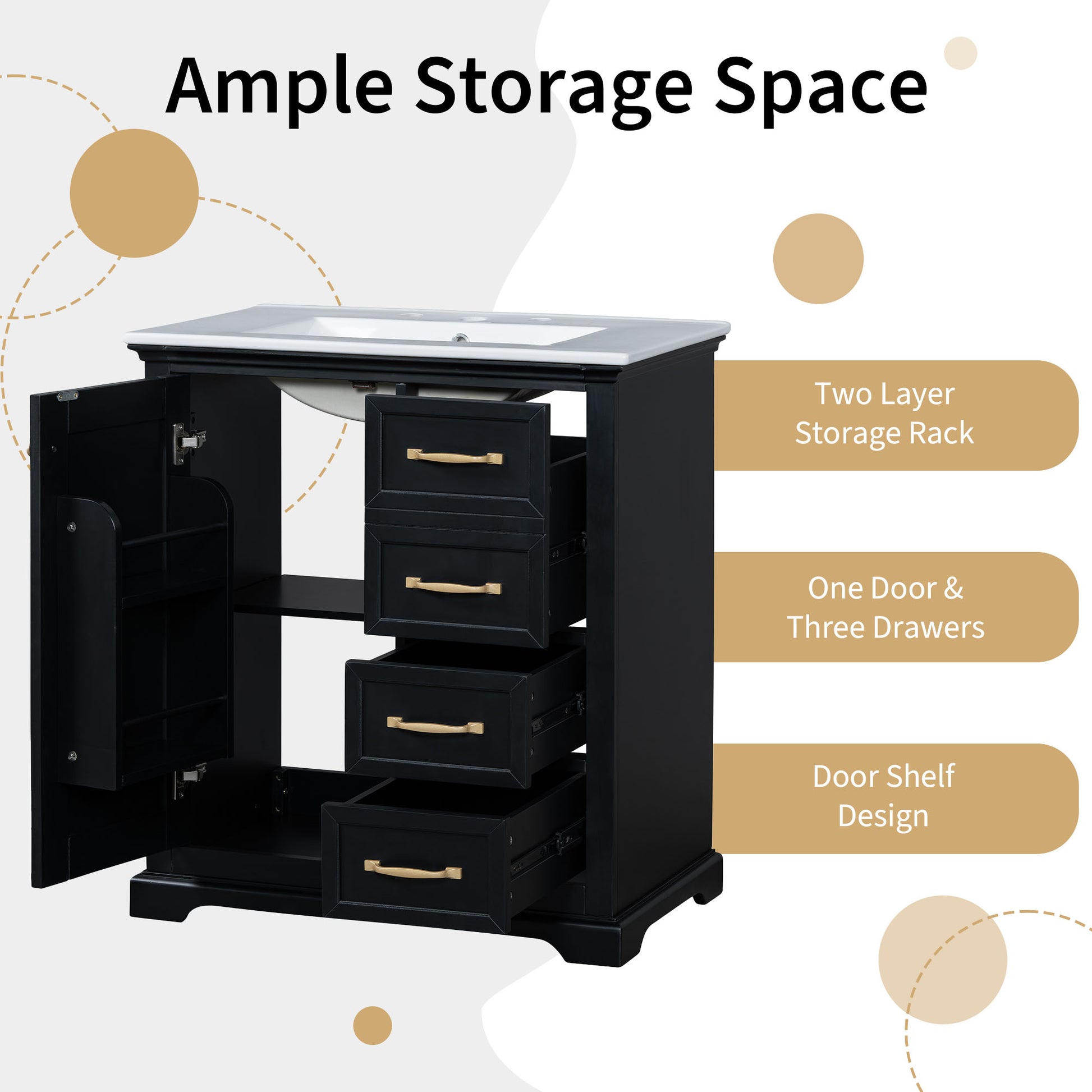 30" Bathroom Vanity With Sink, One Package, Black Bathroom Cabinet With Drawers, Solid Frame And Mdf Board Black Solid Wood Mdf