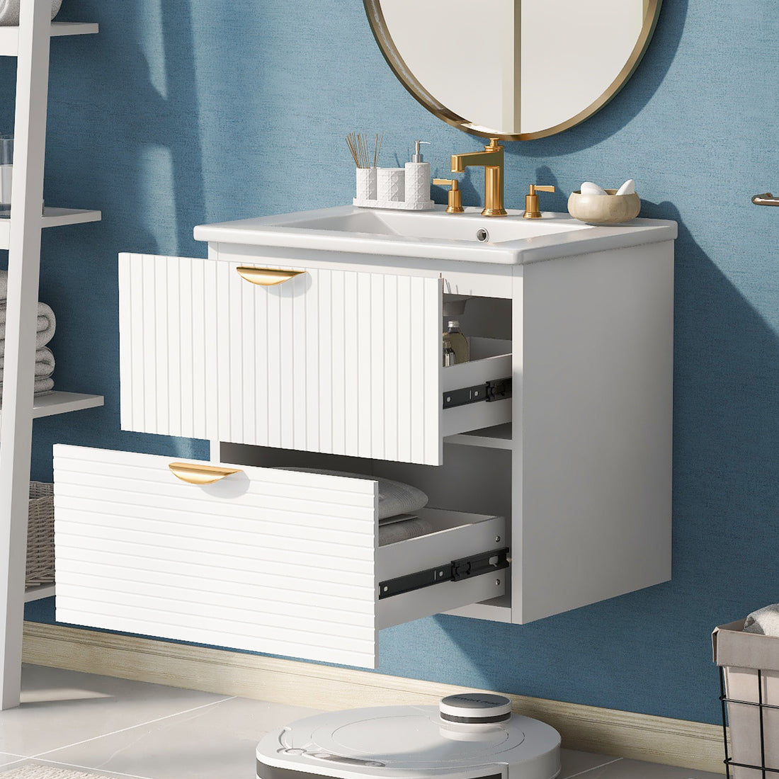 Modern 24 Inch Wall Mounted Bathroom Vanity With 2 Drawers, White Ideal For Small Bathrooms White Bathroom Mdf