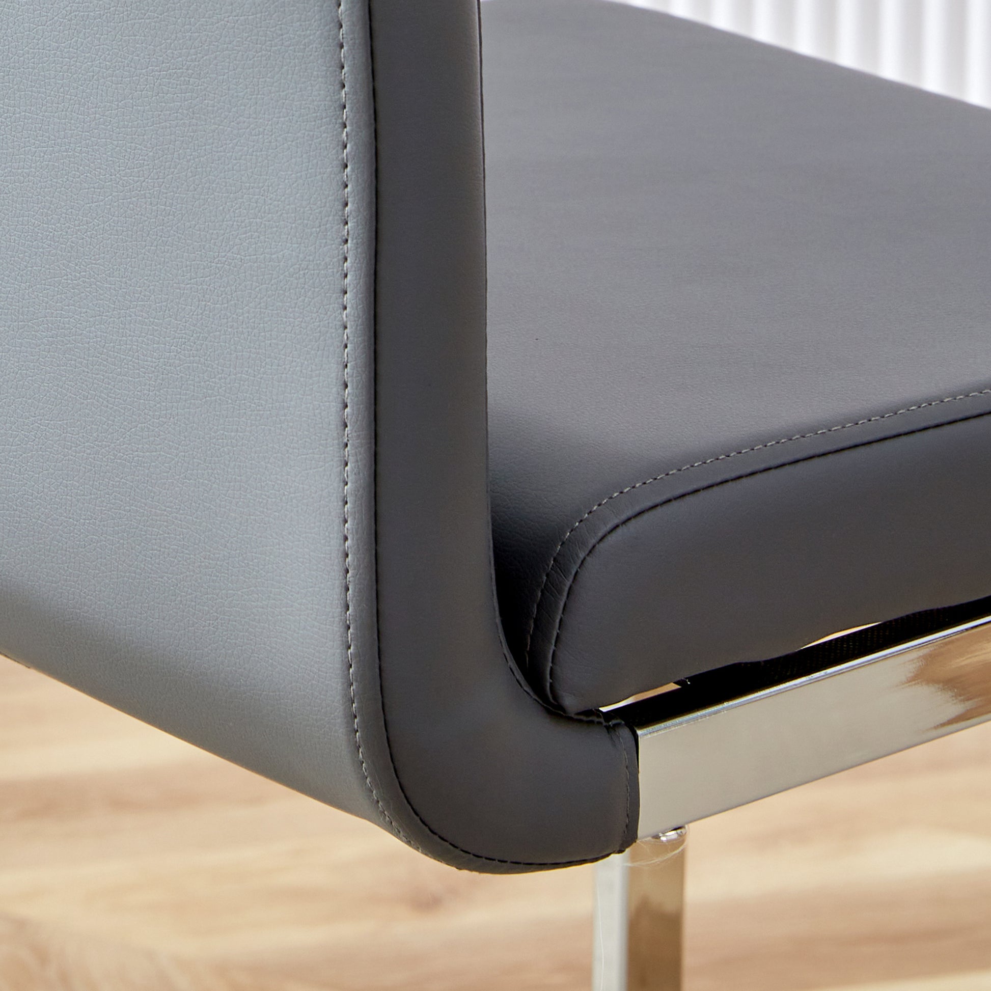 Table And Chair Set. A Rectangular Glass Dining Table With A 0.4 Inch Tempered Glass Tabletop And Mdf Board V Shaped Bracket, Paired With 2 Chairs Consisting Of Pu Seat Cushions And Silver Metal Legs. Black Gray Seats 2 Tempered Glass