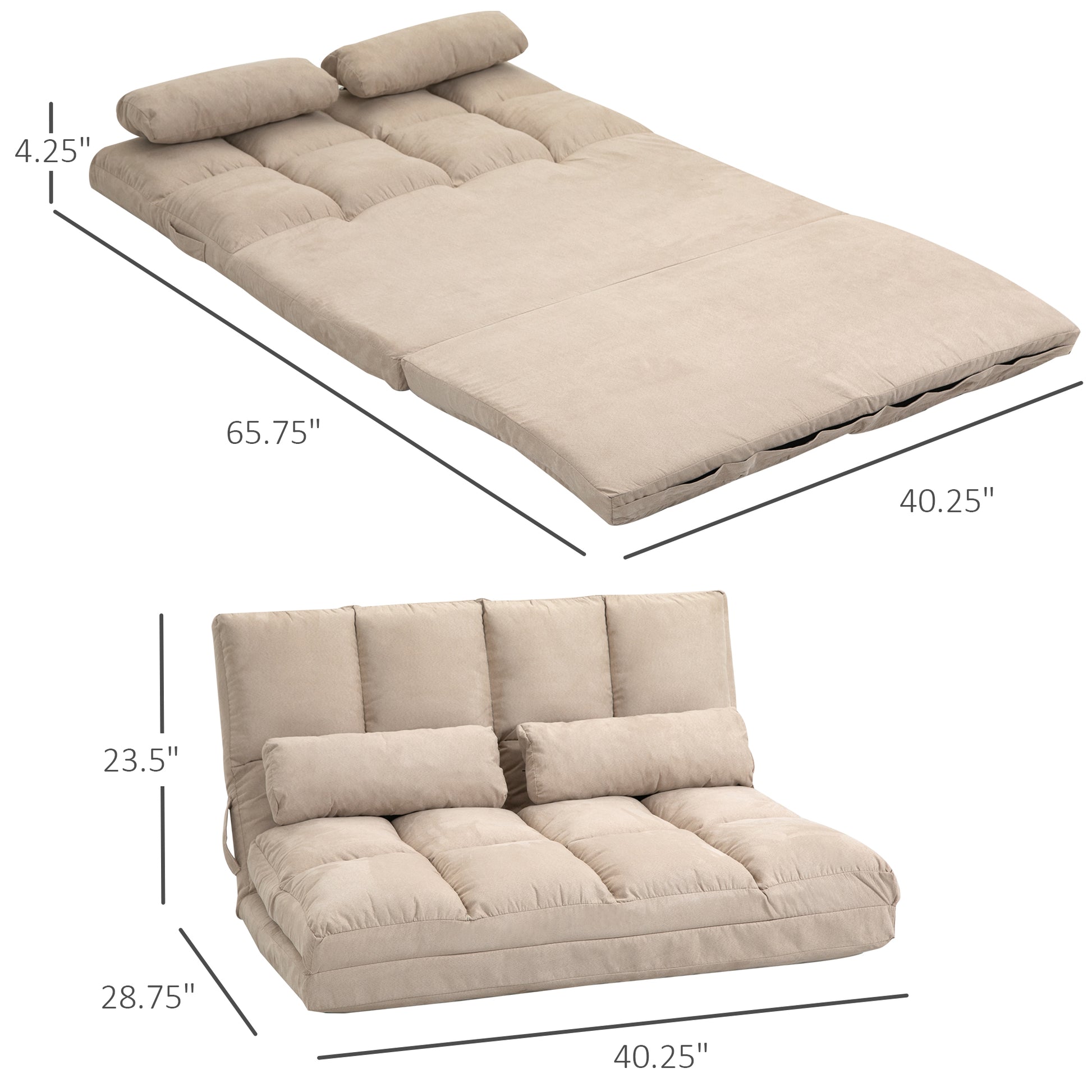 Homcom Convertible Floor Sofa Chair, Folding Couch Bed, Guest Chaise Lounge With 2 Pillows, Adjustable Backrest And Headrest, 40.25" L, Beige Beige Polyester 2 Seat